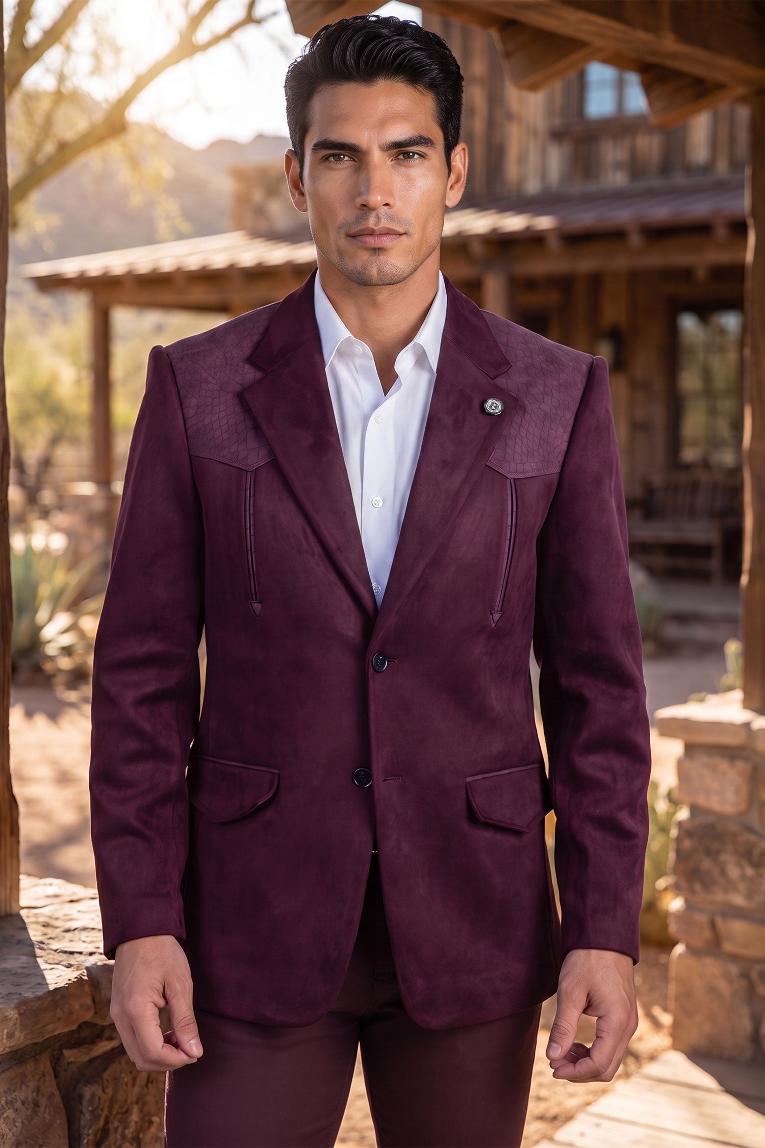 Barabas Men's Suede Western Design Notch Lapel Blazer 6BLW02 Grape Wine