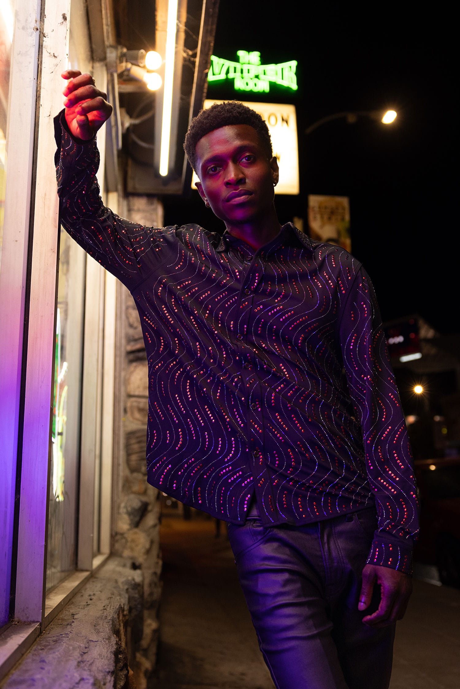 Men's Rhinestone Geometric Wave Print Shirt | BARABAS 6BR02 Black Red