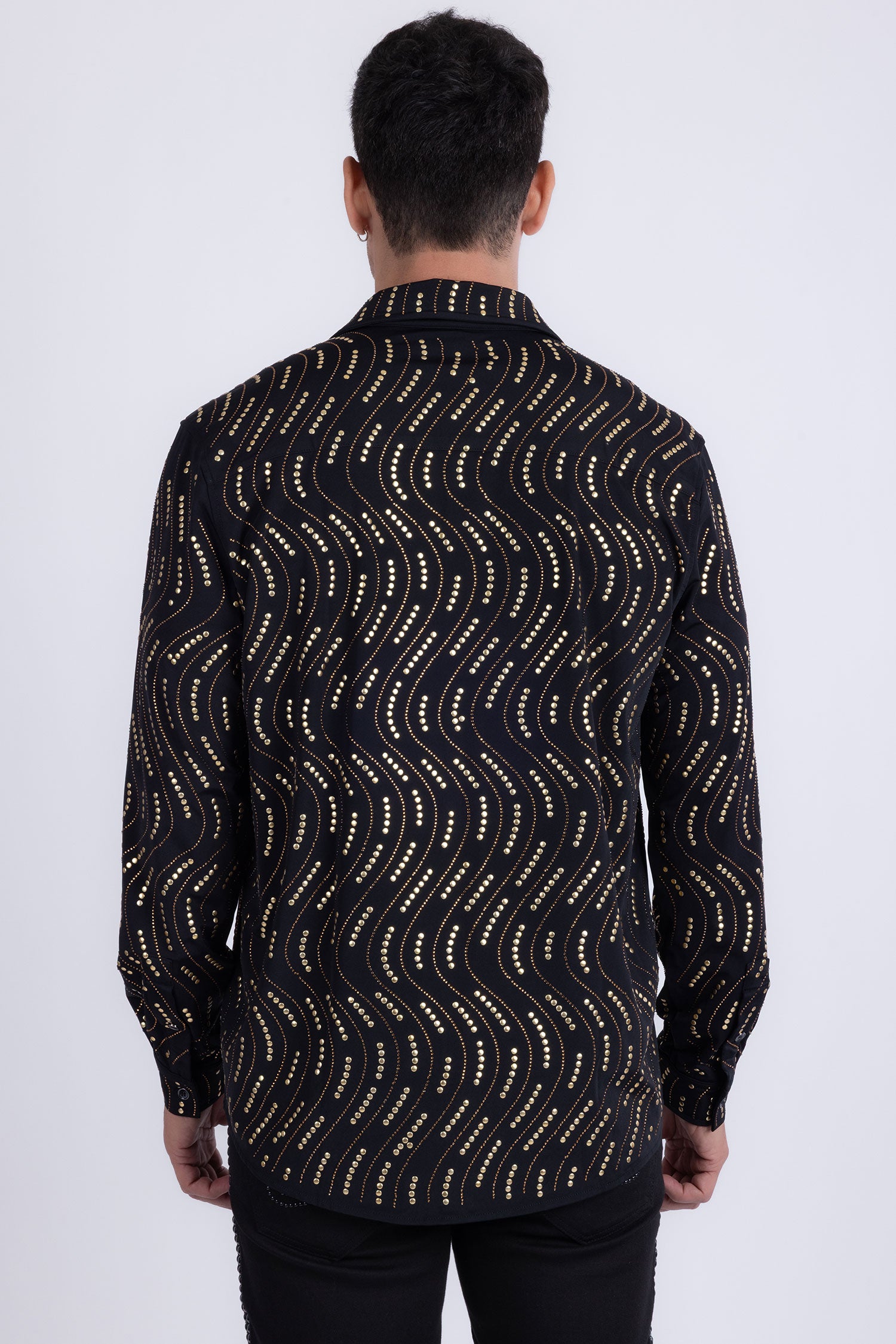 Men's Rhinestone Geometric Wave Print Shirt | BARABAS 6BR02 Black Gold
