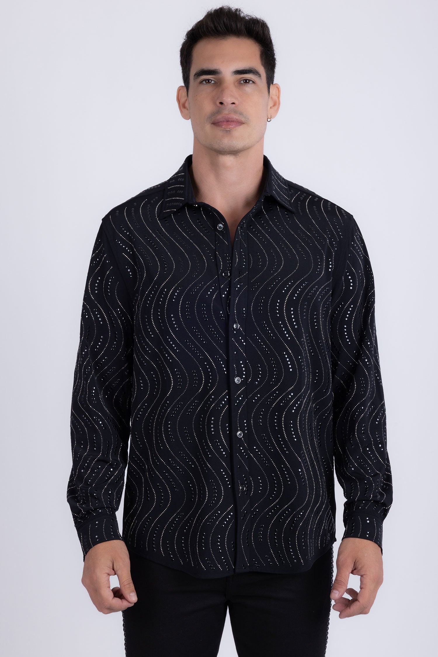 Men's Rhinestone Geometric Wave Print Shirt | BARABAS 6BR02 Black Gun Metal