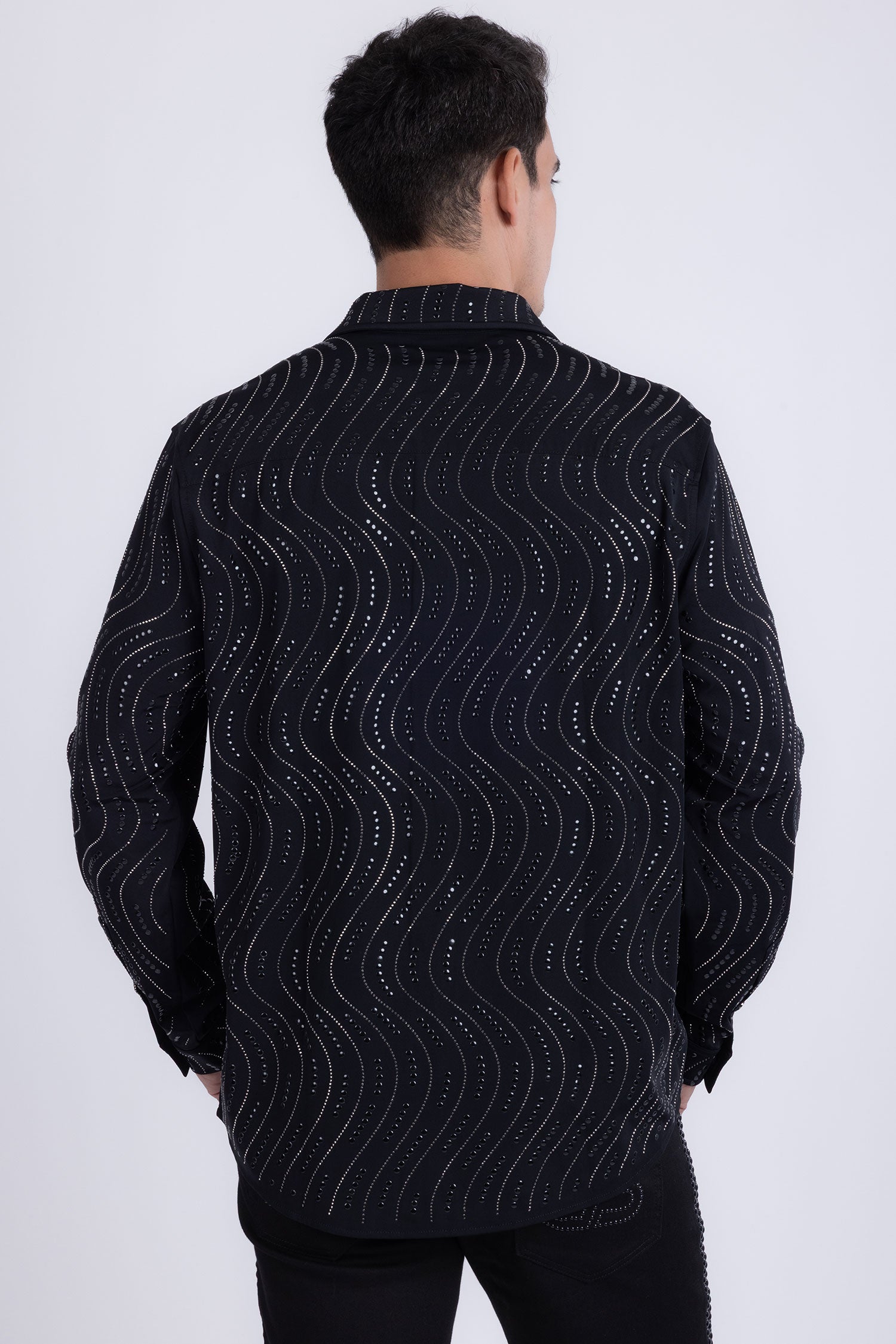 Men's Rhinestone Geometric Wave Print Shirt | BARABAS 6BR02 Black Gun Metal