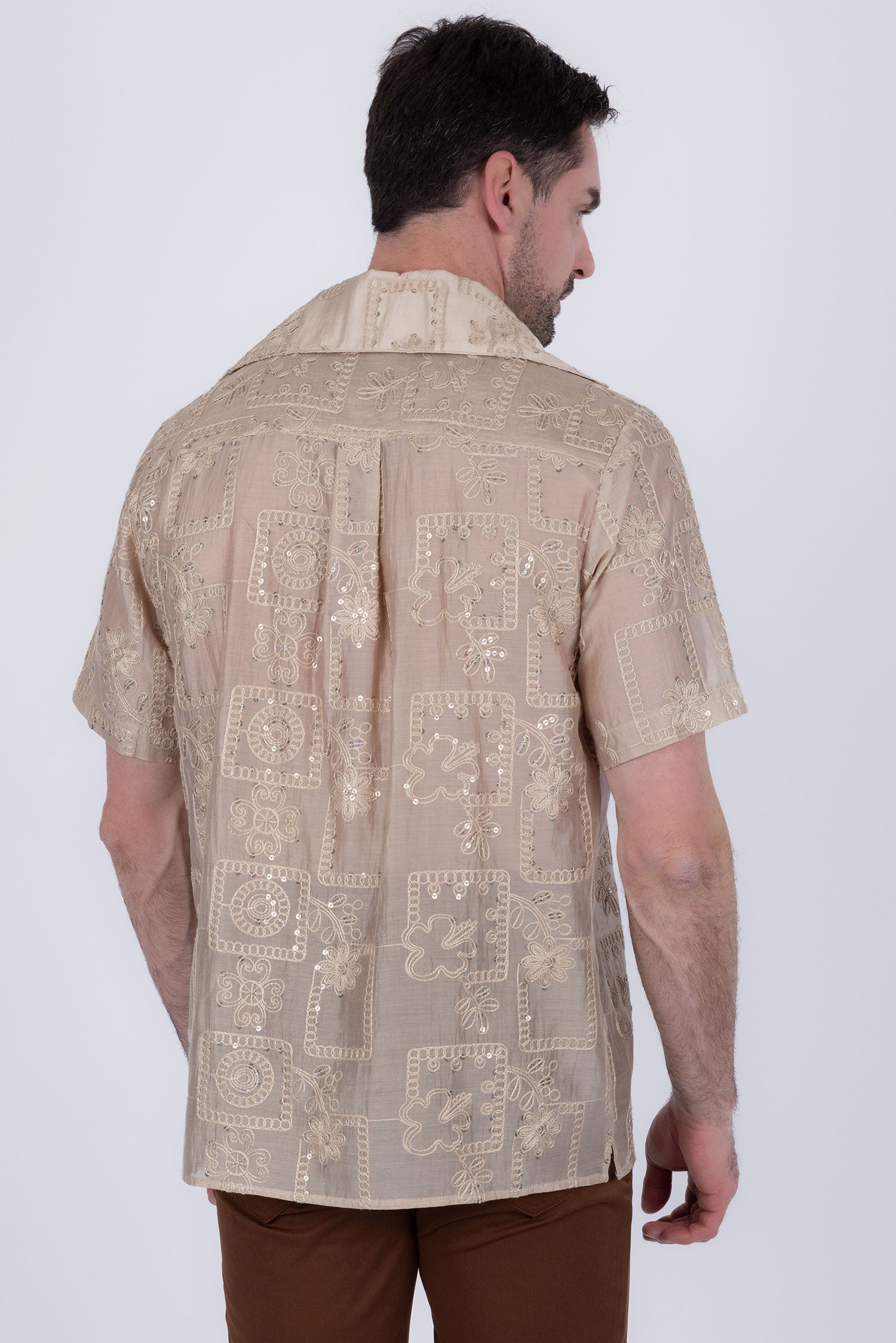 Barabas Men's Cuban Collared See-Through Short Sleeve Shirt 6CCS01 Brown