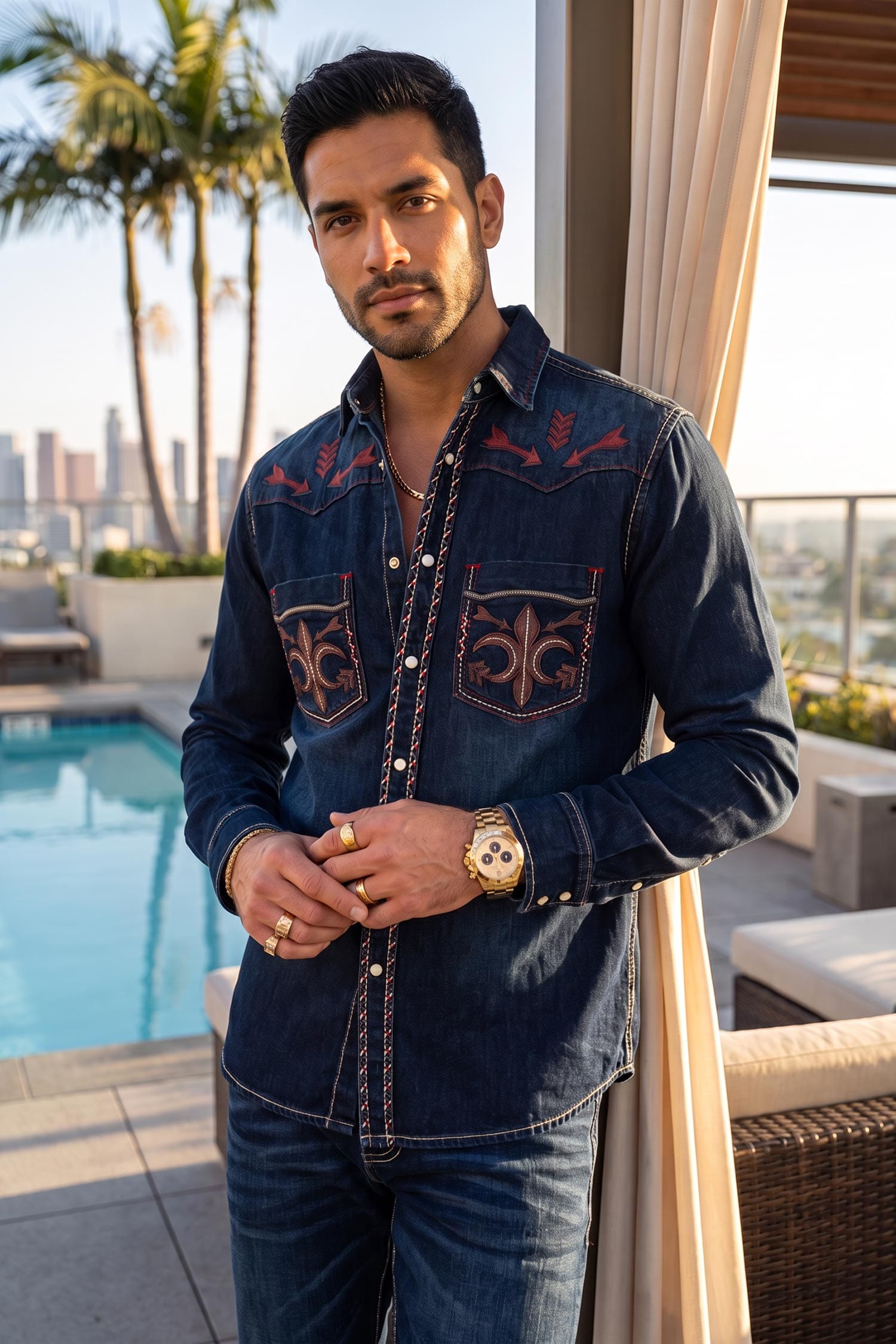 Men's Fleur Embroidered Western Long-Sleeve Shirt | BARABAS 6DWS01 Dark Blue