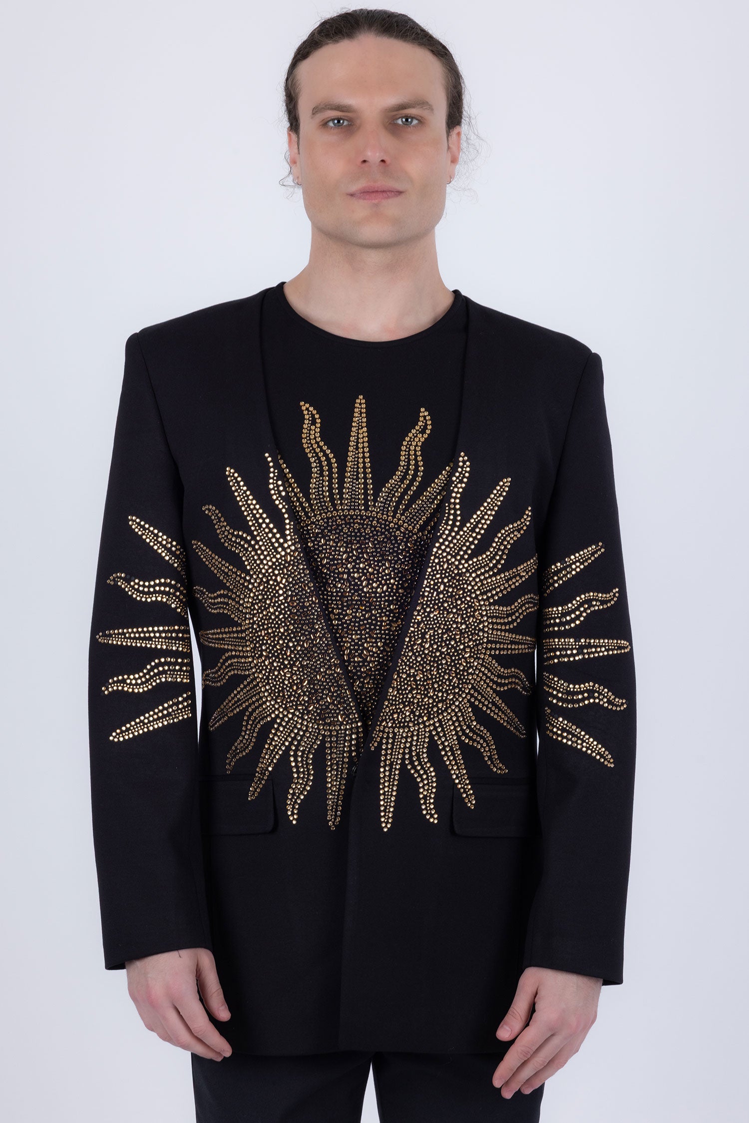 Barabas Men's Rhinestones Sun Rays Collarless Casual Blazer 6EBL03 Black