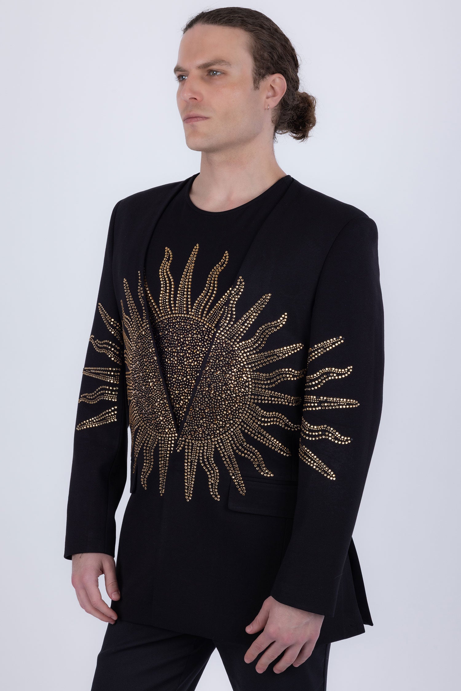 Barabas Men's Rhinestones Sun Rays Collarless Casual Blazer 6EBL03 Black Gold