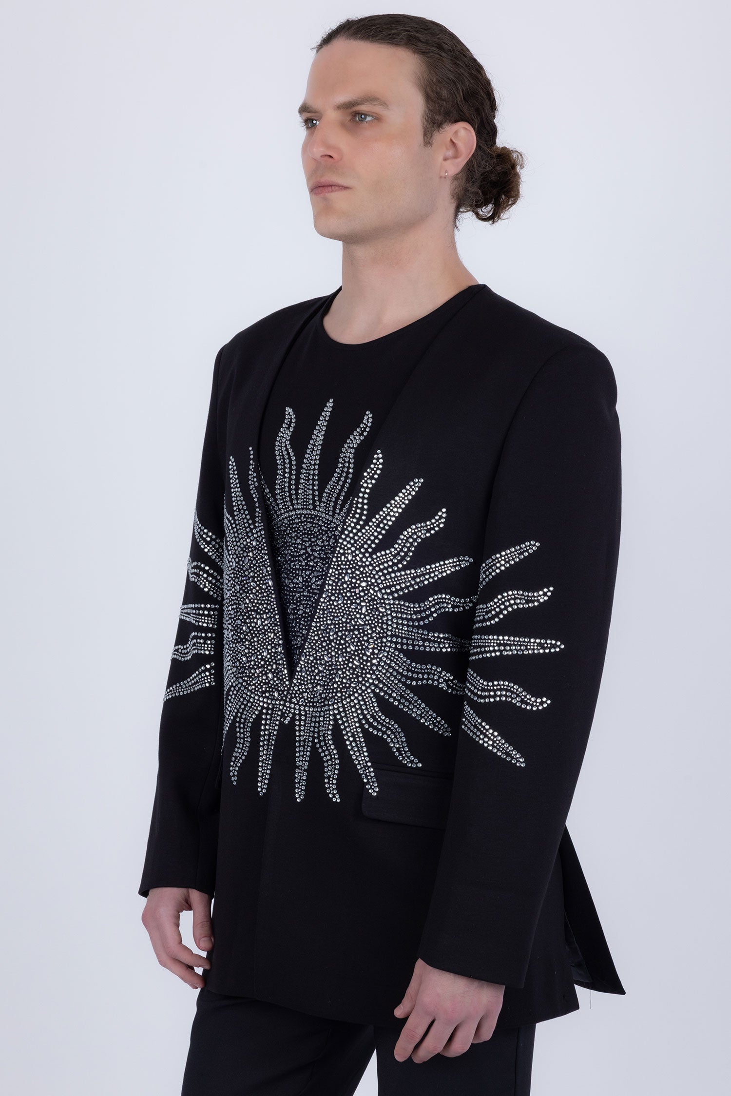 Barabas Men's Rhinestones Sun Rays Collarless Casual Blazer 6EBL03 Black Silver