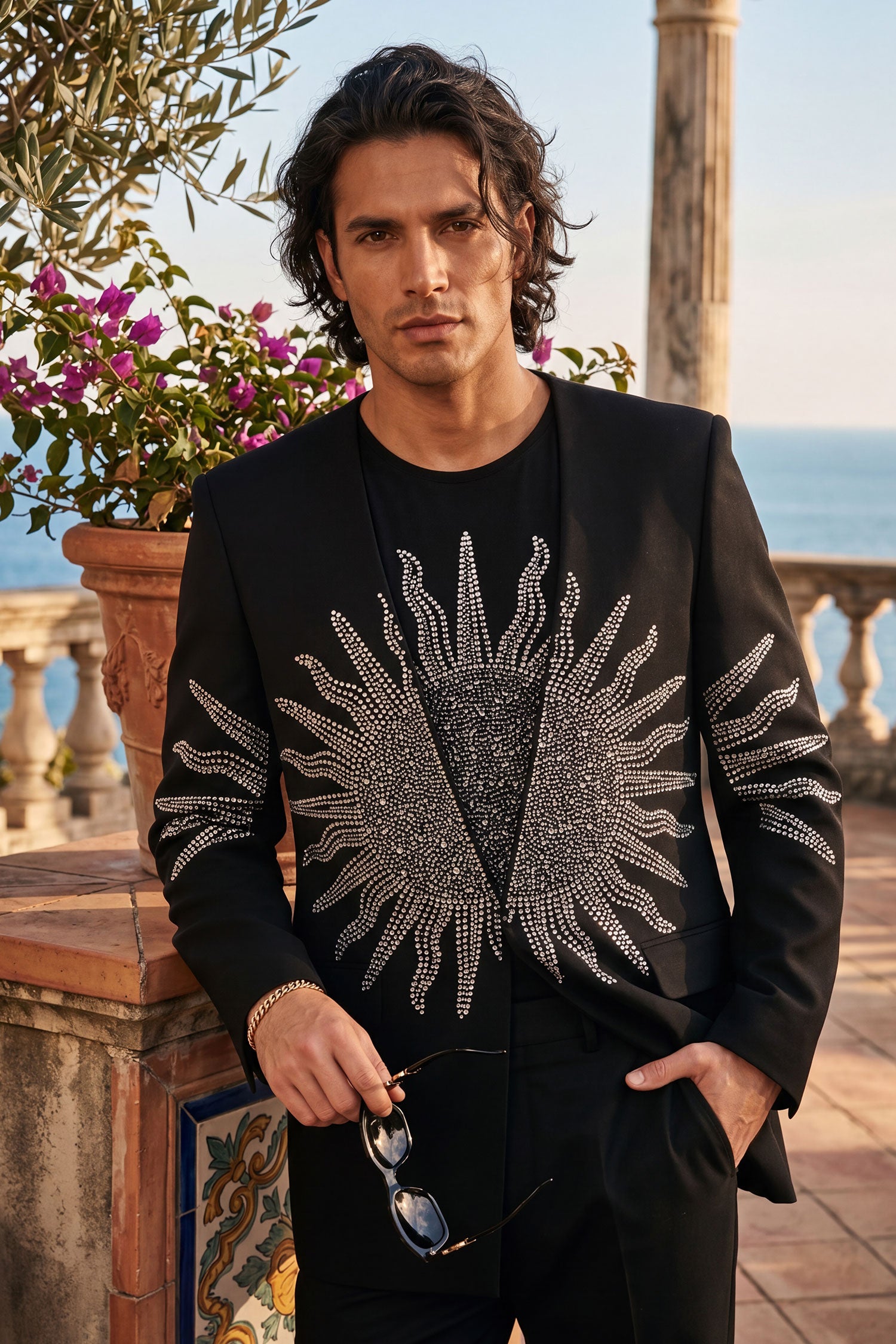 Barabas Men's Rhinestones Sun Rays Collarless Casual Blazer 6EBL03 Black Silver