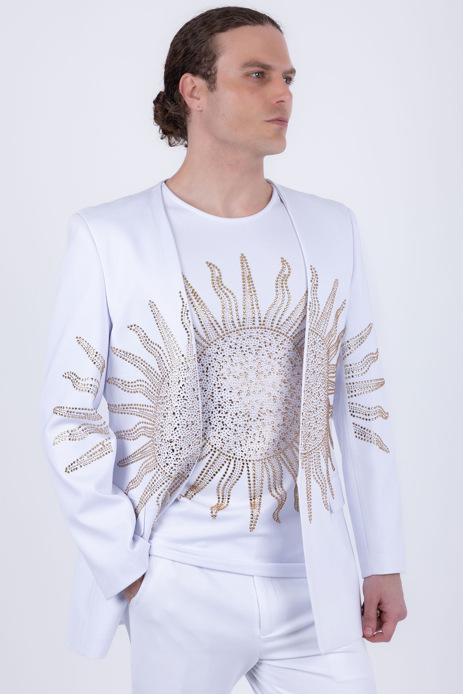 Barabas Men's Rhinestones Sun Rays Collarless Casual Blazer 6EBL03 Gold White