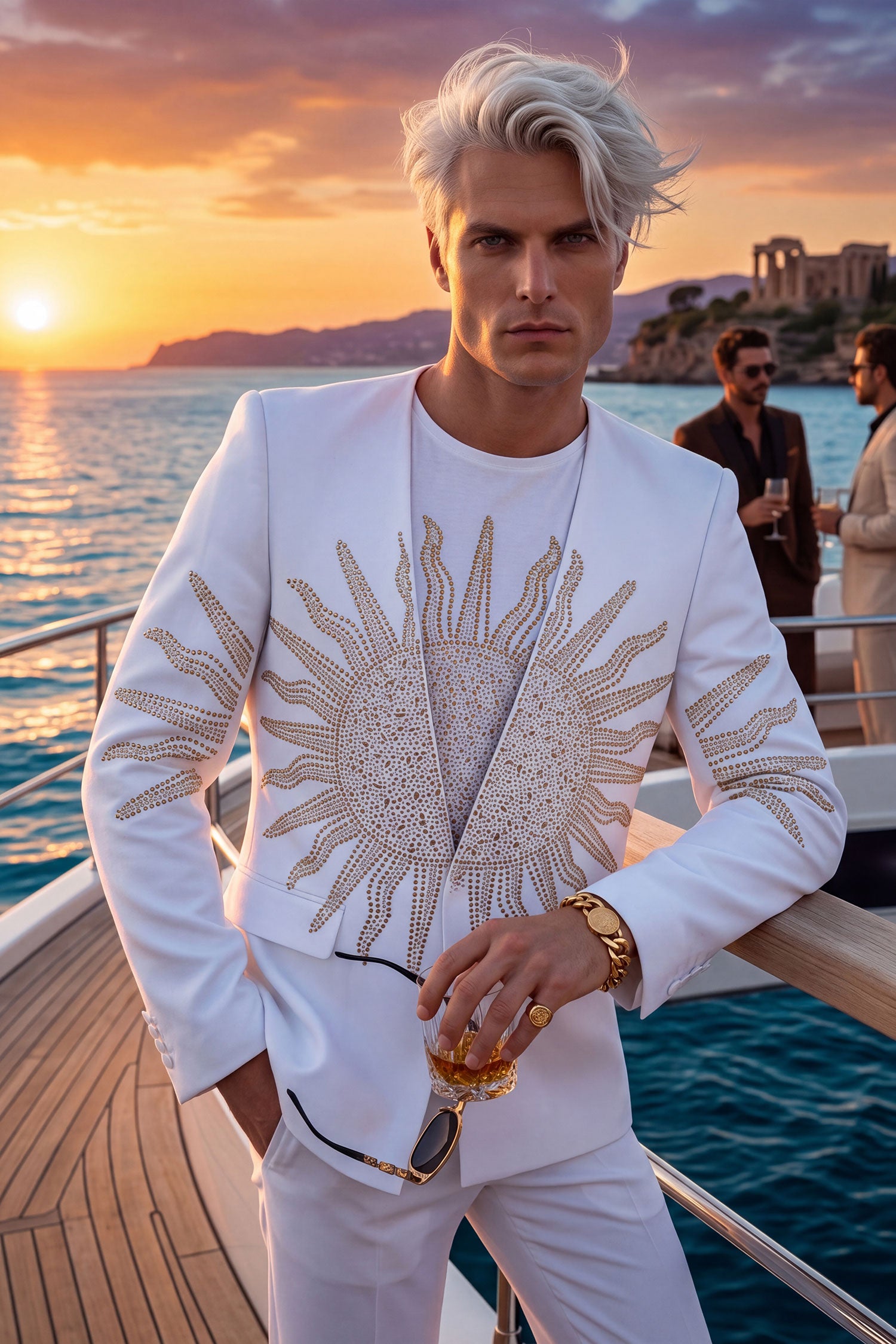 Barabas Men's Rhinestones Sun Rays Collarless Casual Blazer 6EBL03 White Gold