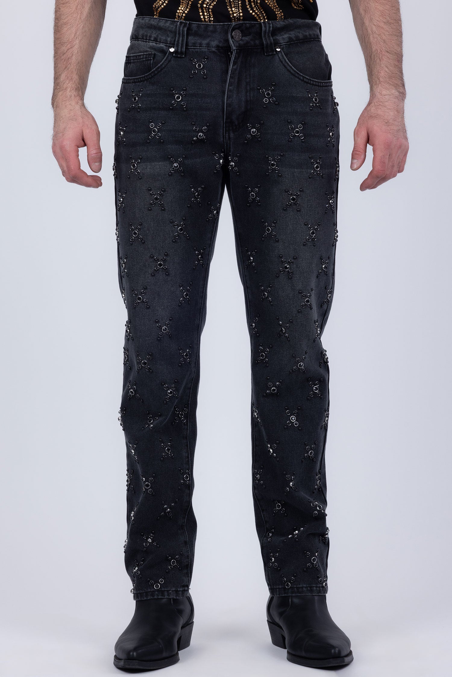 Barabas Men's Sparkly Rhinestone Stud Design Denim Jeans 6ED01 Black