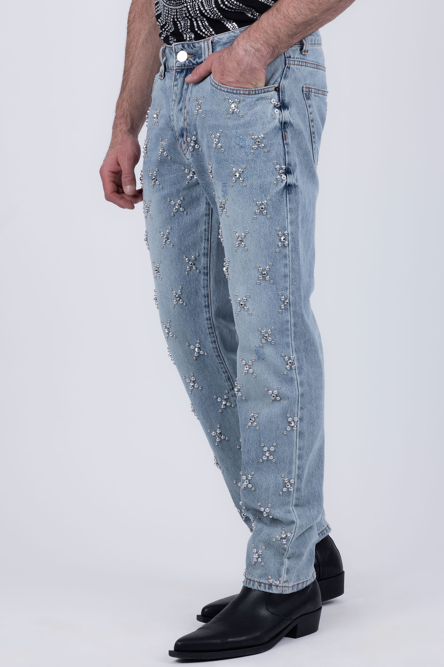 Barabas Men's Sparkly Rhinestone Stud Design Denim Jeans 6ED01 Light Blue