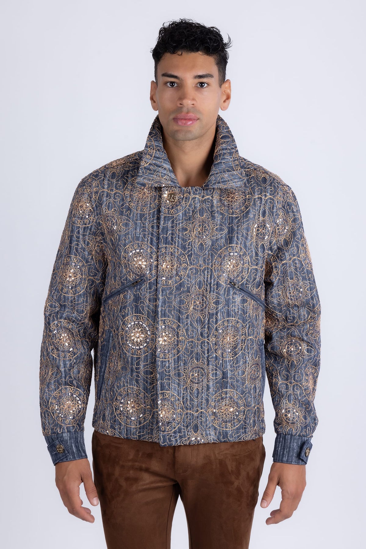 Barabas Vintage Mosaic Sequins Western Denim Jacket 6EJJ01 Blue Gold