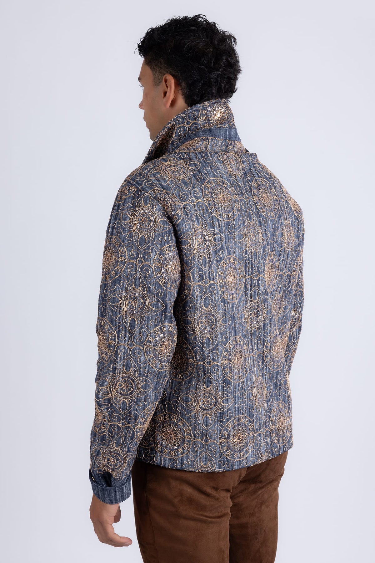 Barabas Vintage Mosaic Sequins Western Denim Jacket 6EJJ01 Blue Gold