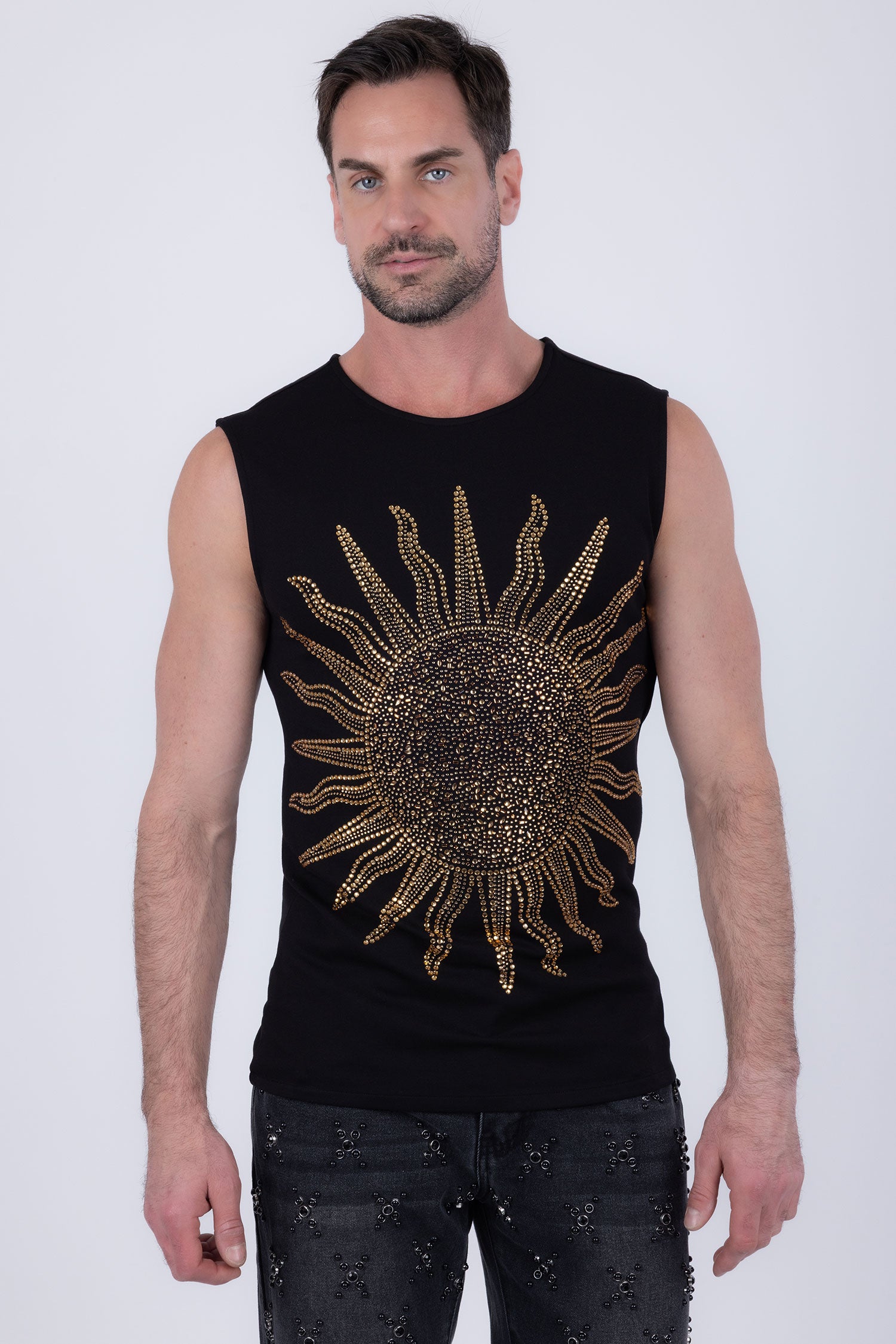 Barabas Men's Rhinestone Sun Rays Stretch Sleeveless Shirt 6ESL03 Black Gold