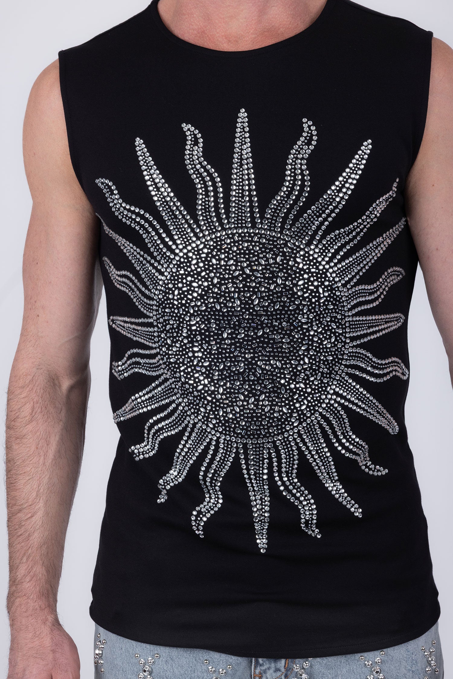 Barabas Men's Rhinestone Sun Rays Stretch Sleeveless Shirt 6ESL03 Silver