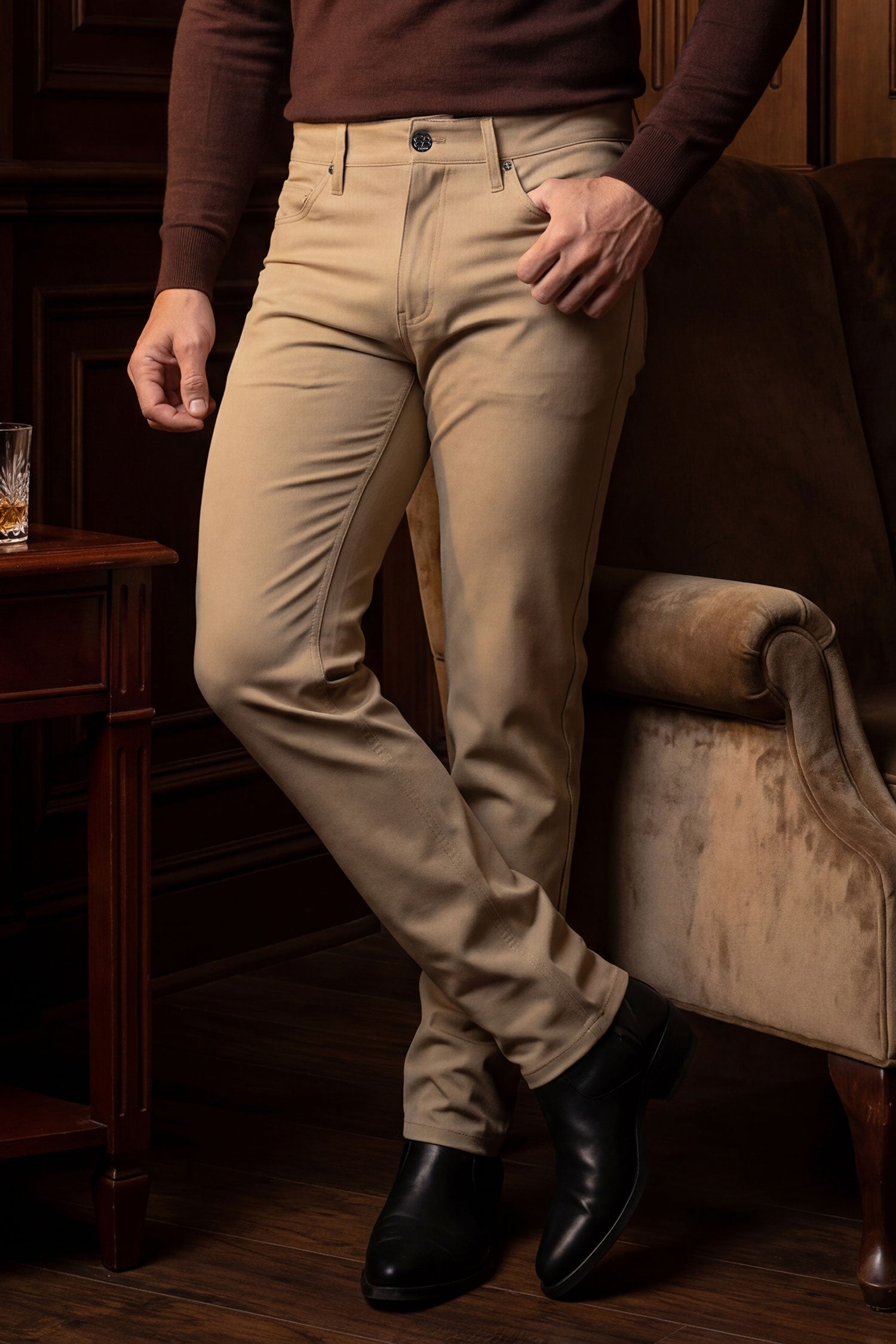 Barabas Men's Solid Color Stretch Long Belt Hoop Casual Pants 6ESN01 Taupe