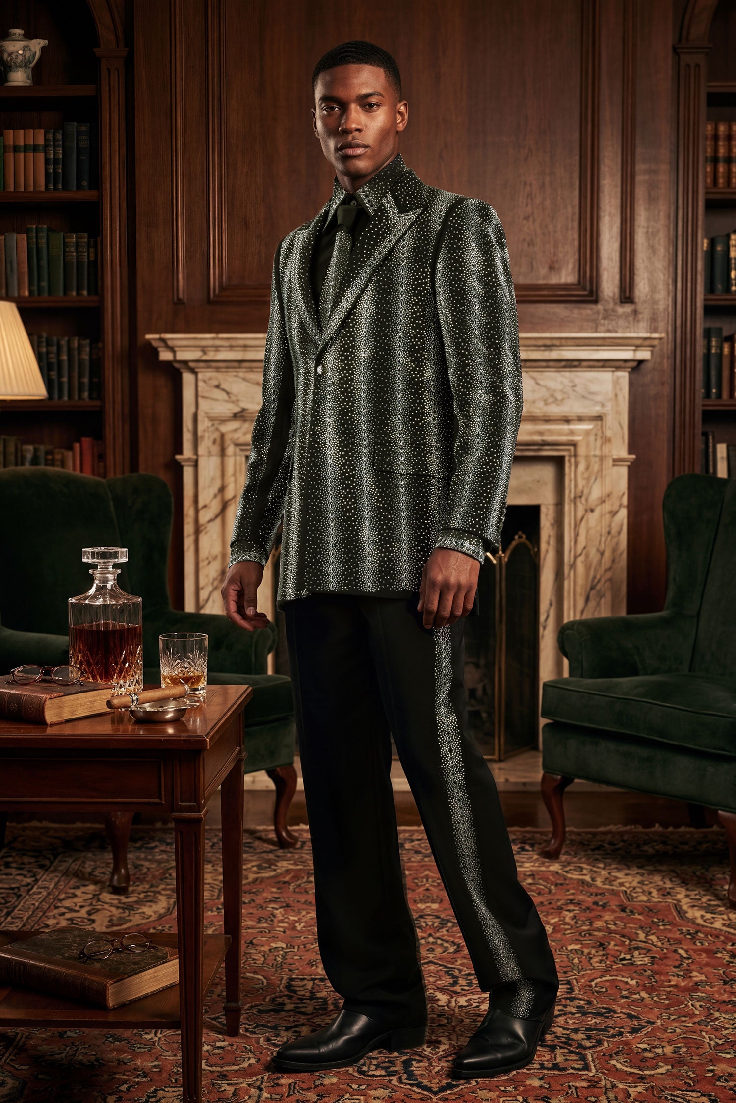 Barabas Men's Rhinestone Geometric Peak Lapel Suit 6ESU12 Black