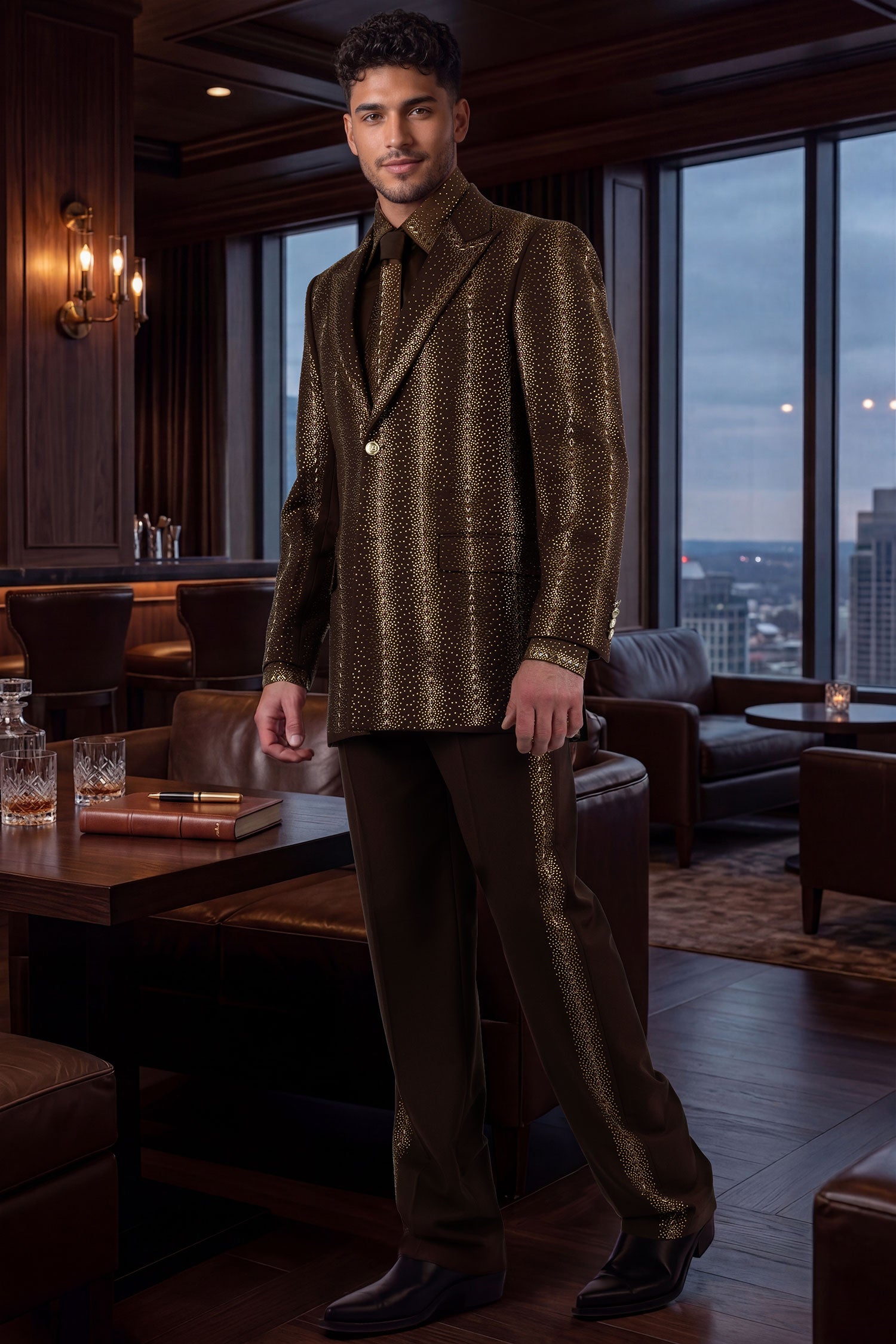 Barabas Men's Rhinestone Geometric Peak Lapel Suit 6ESU12 Brown