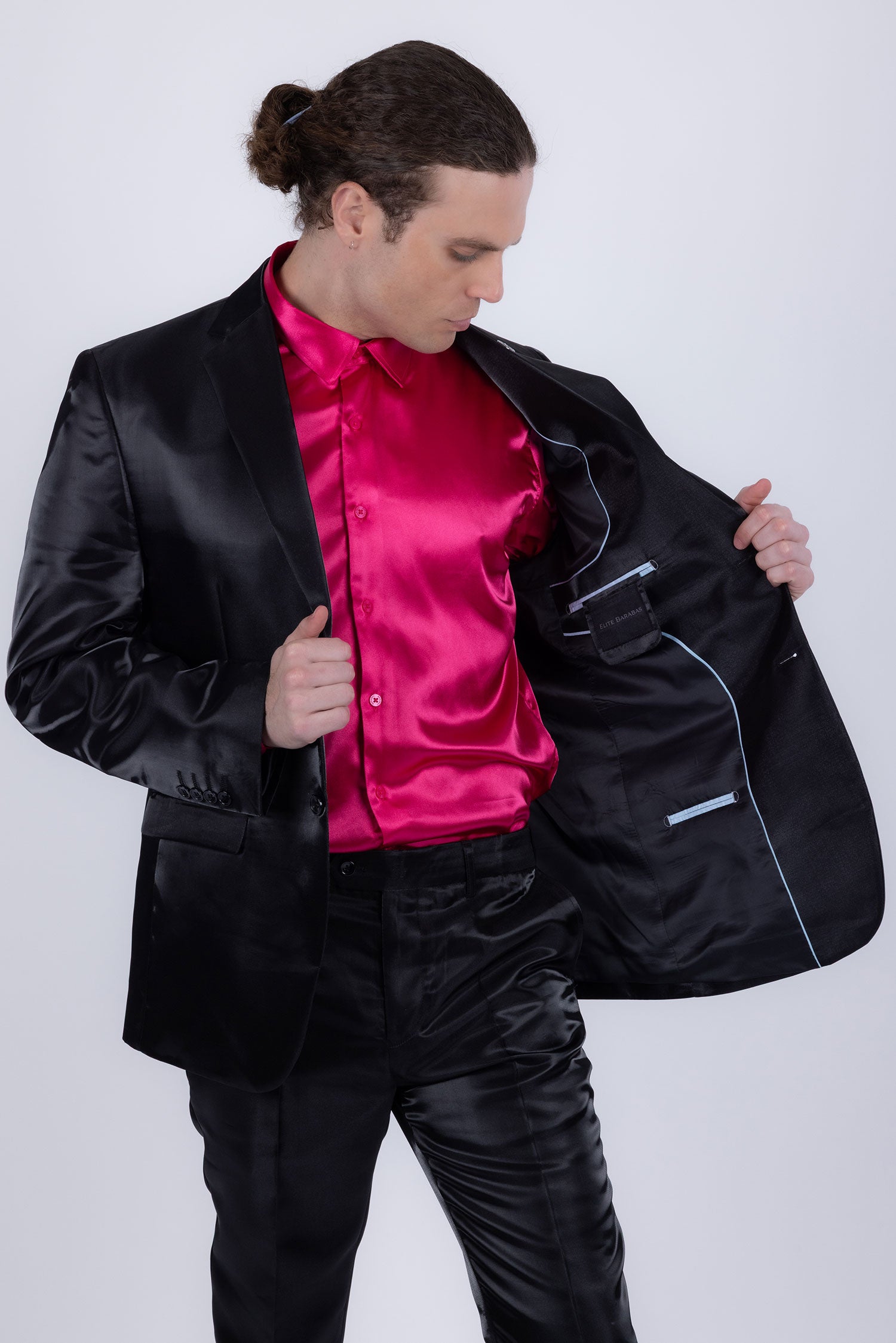 Barabas Men's Shiny Satin Look Notch Shawl Lapel Suit 6ESU15 Black