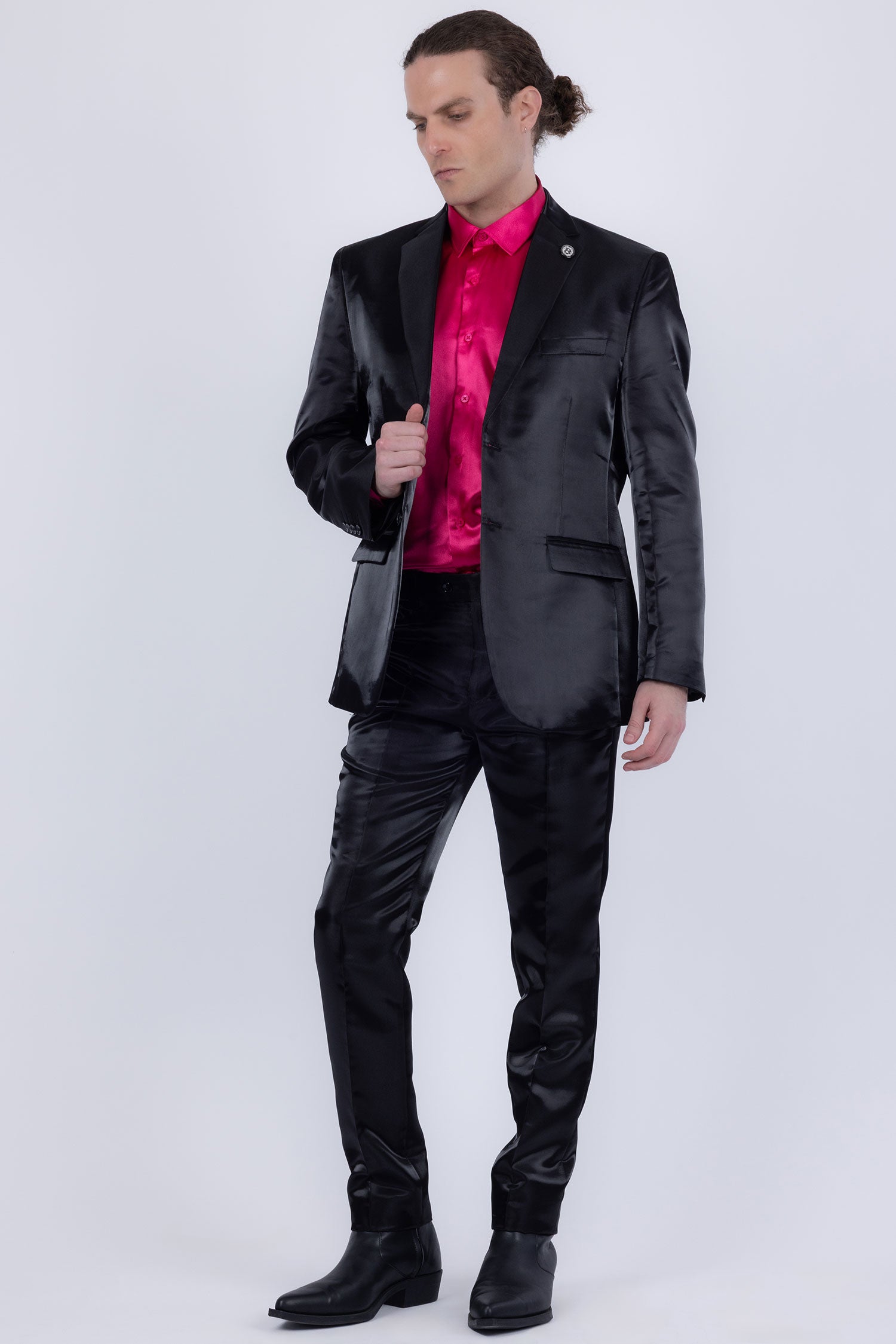 Barabas Men's Shiny Satin Look Notch Shawl Lapel Suit 6ESU15 Black
