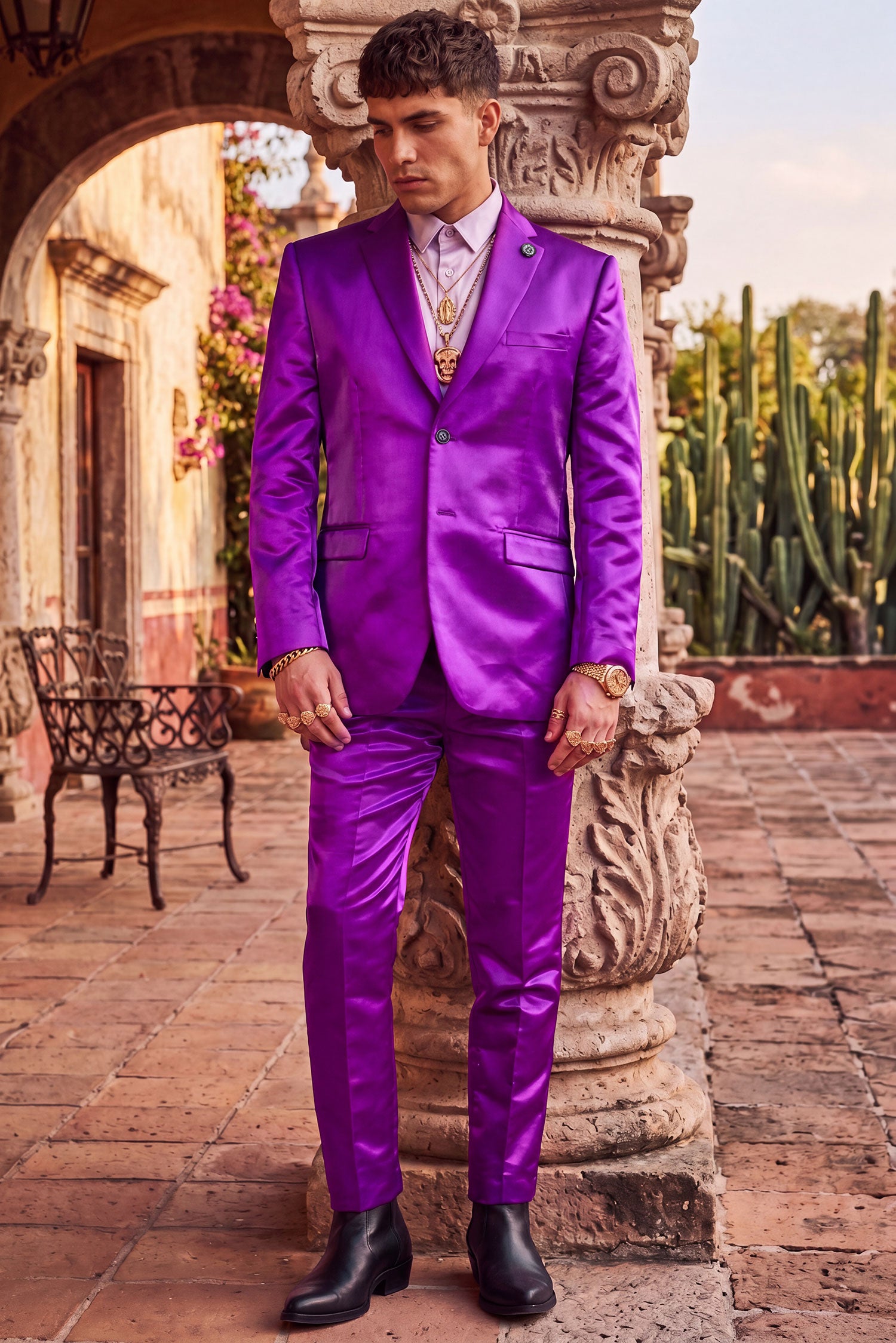 Barabas Men's Shiny Satin Look Notch Shawl Lapel Suit 6ESU15 Purple