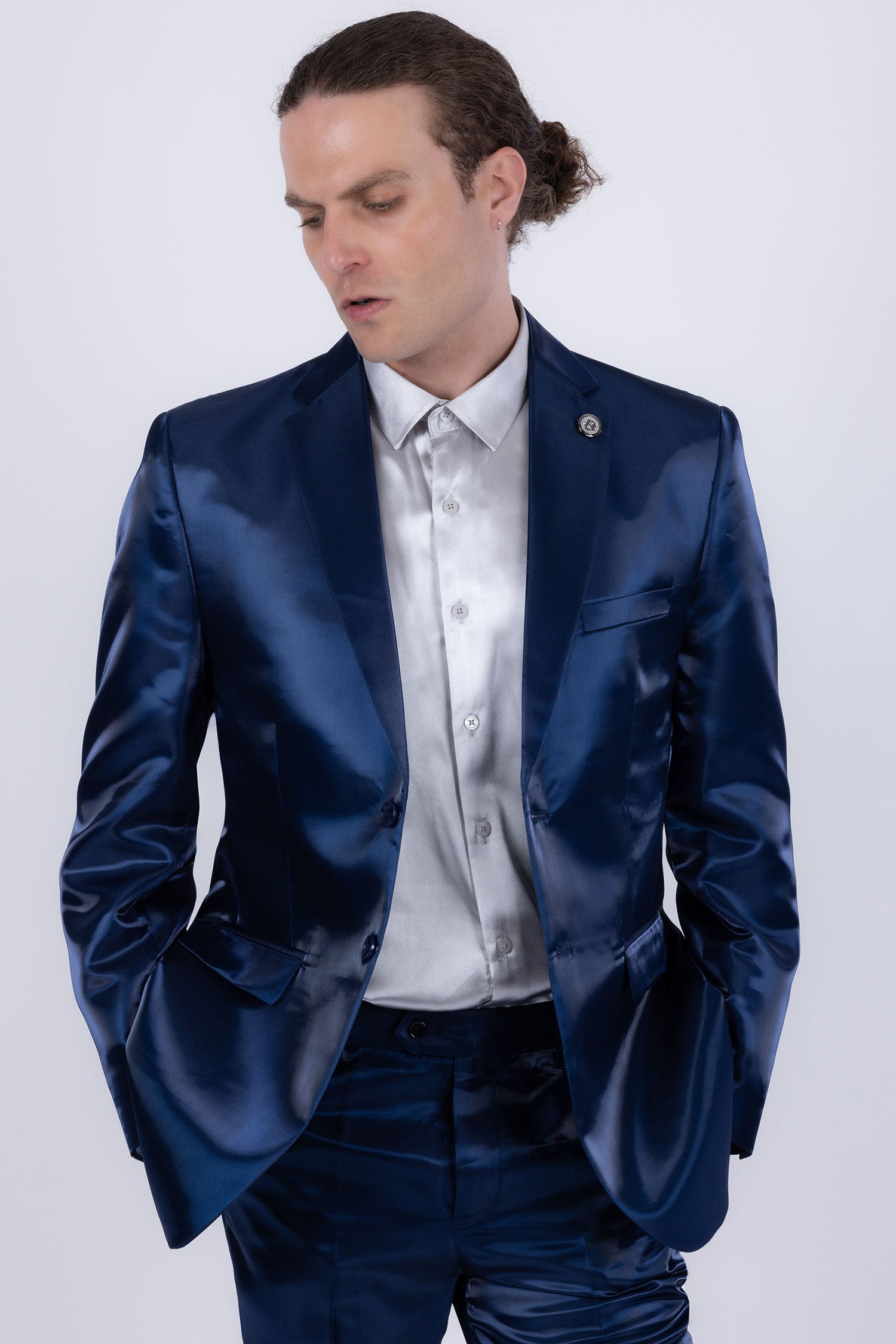 Barabas Men's Shiny Satin Look Notch Shawl Lapel Suit 6ESU15 Blue