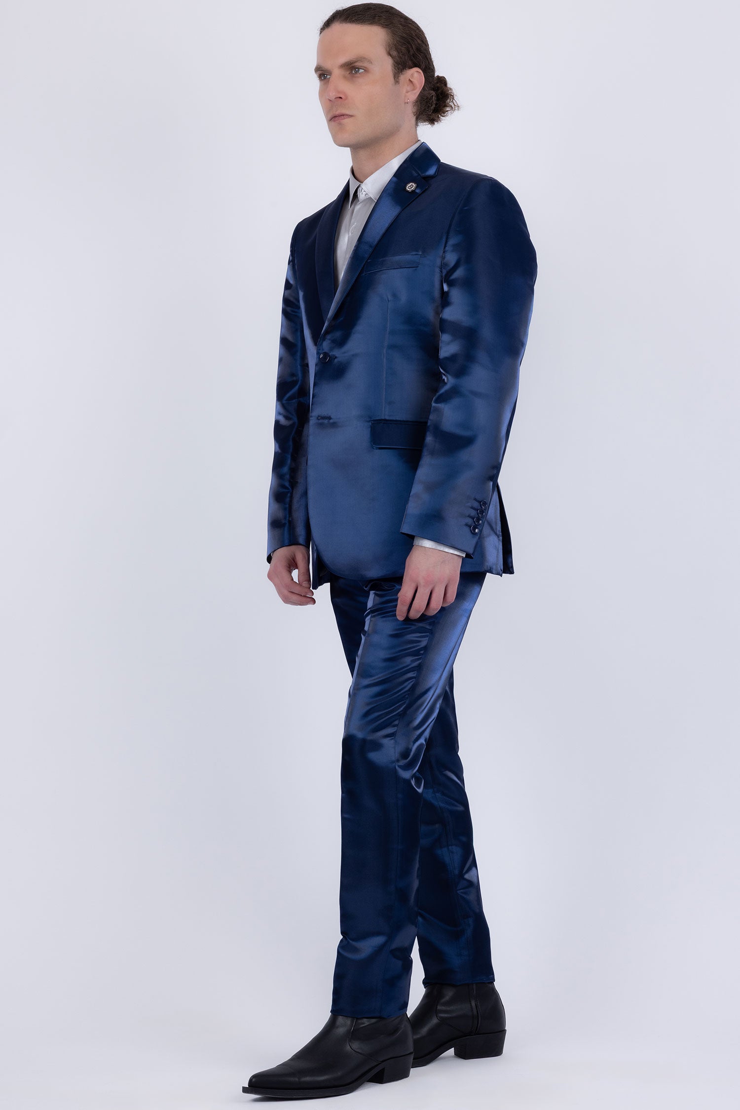 Barabas Men's Shiny Satin Look Notch Shawl Lapel Suit 6ESU15 Blue