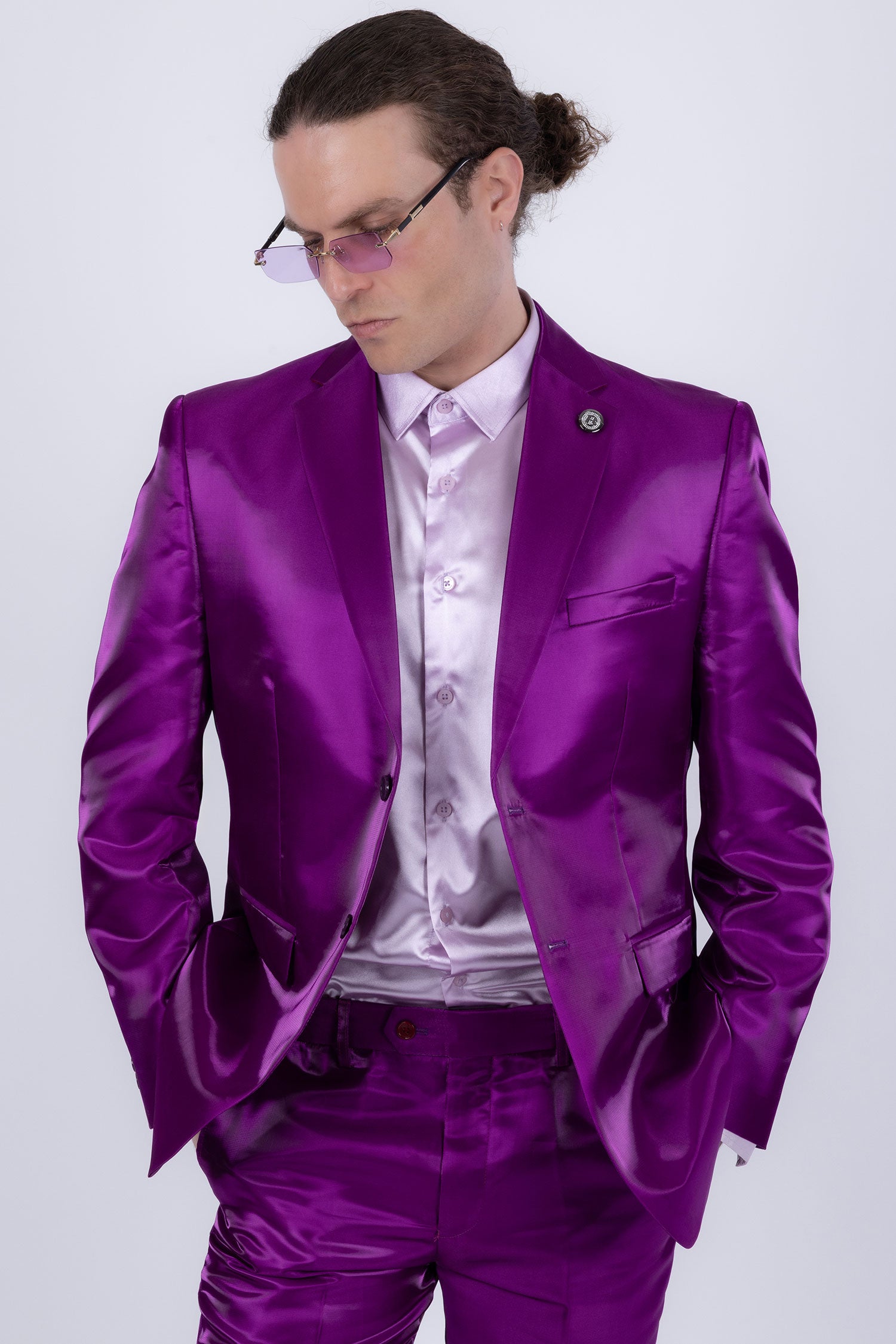 Barabas Men's Shiny Satin Look Notch Shawl Lapel Suit 6ESU15 Purple
