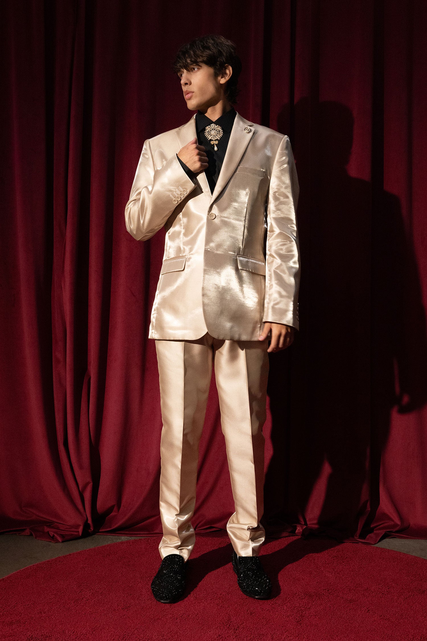 Barabas Men's Shiny Satin Look Notch Shawl Lapel Suit 6ESU15 Tan