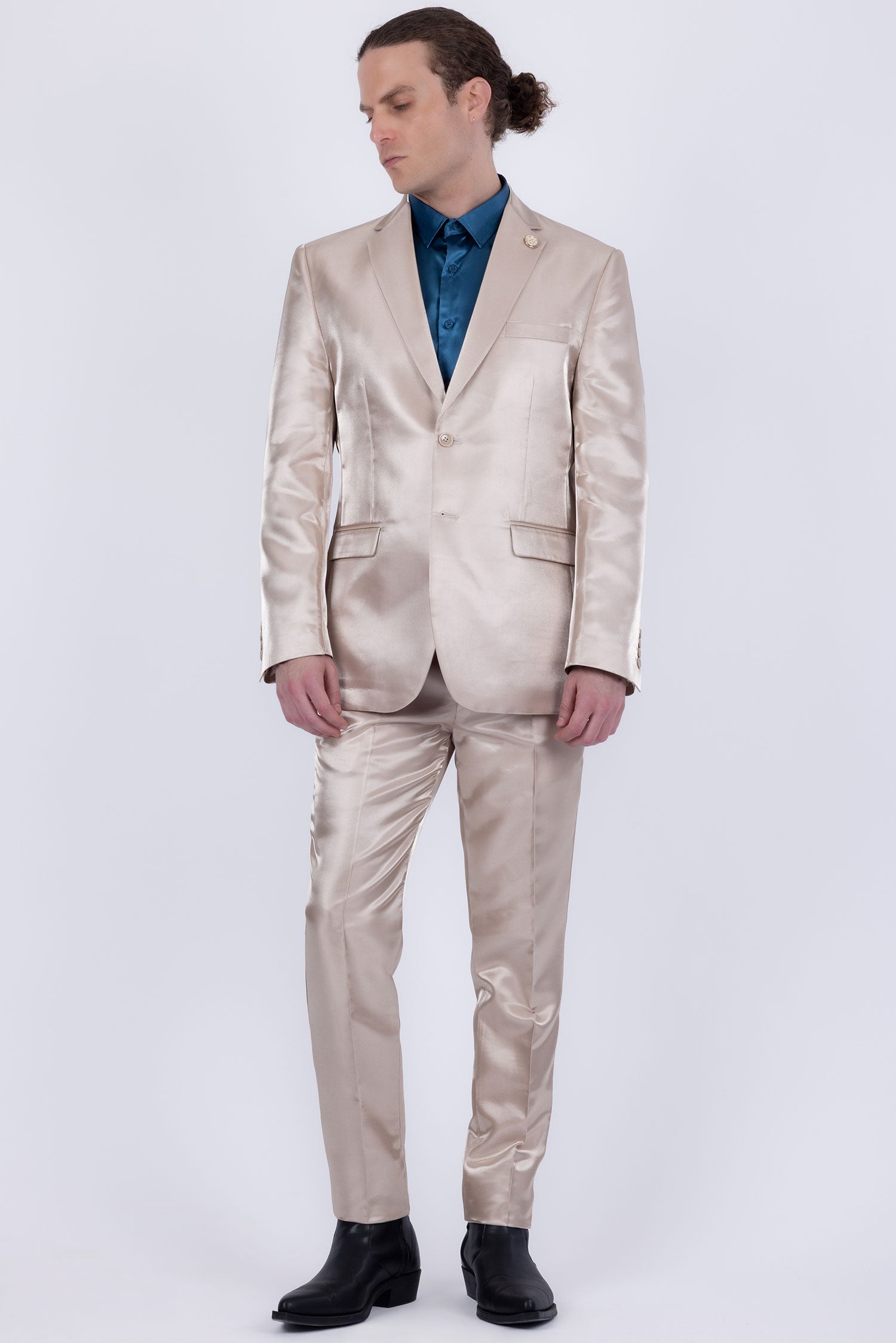 Barabas Men's Shiny Satin Look Notch Shawl Lapel Suit 6ESU15 Tan