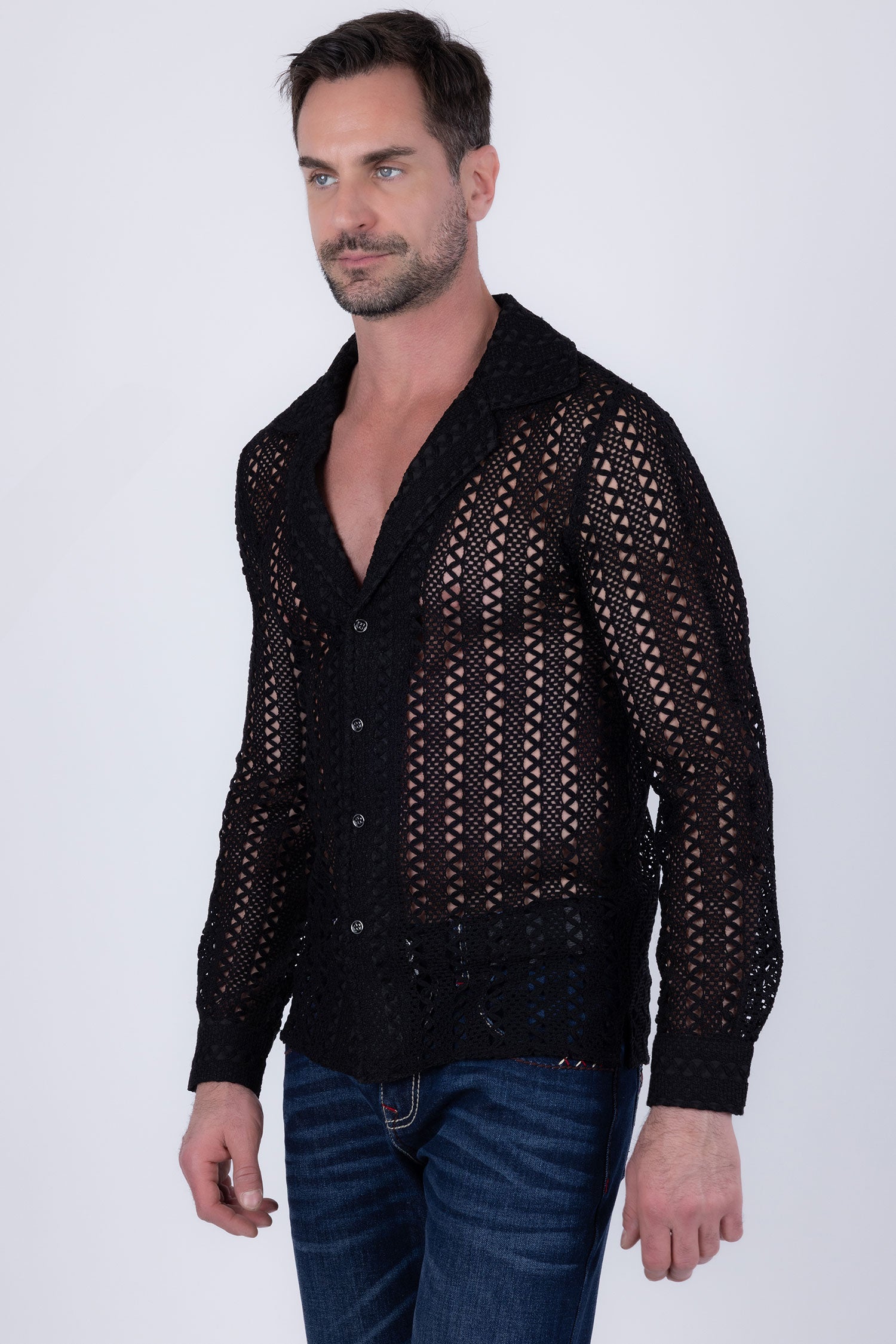 Barabas Men's See Through Knitted Breathable Long Sleeve Shirt 6KNB01 Black