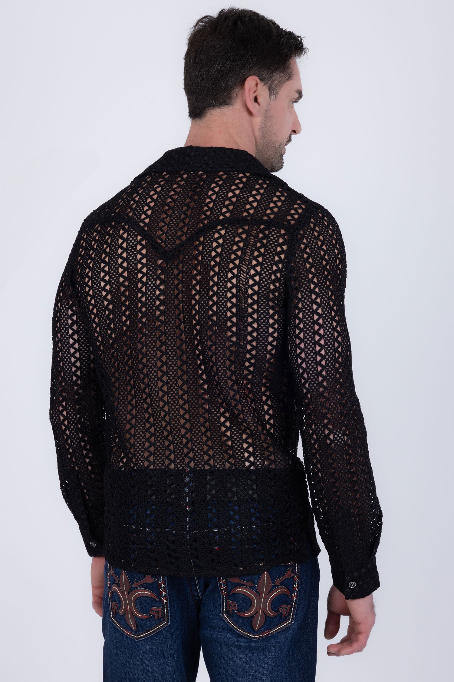 Barabas Men's See Through Knitted Breathable Long Sleeve Shirt 6KNB01 Black