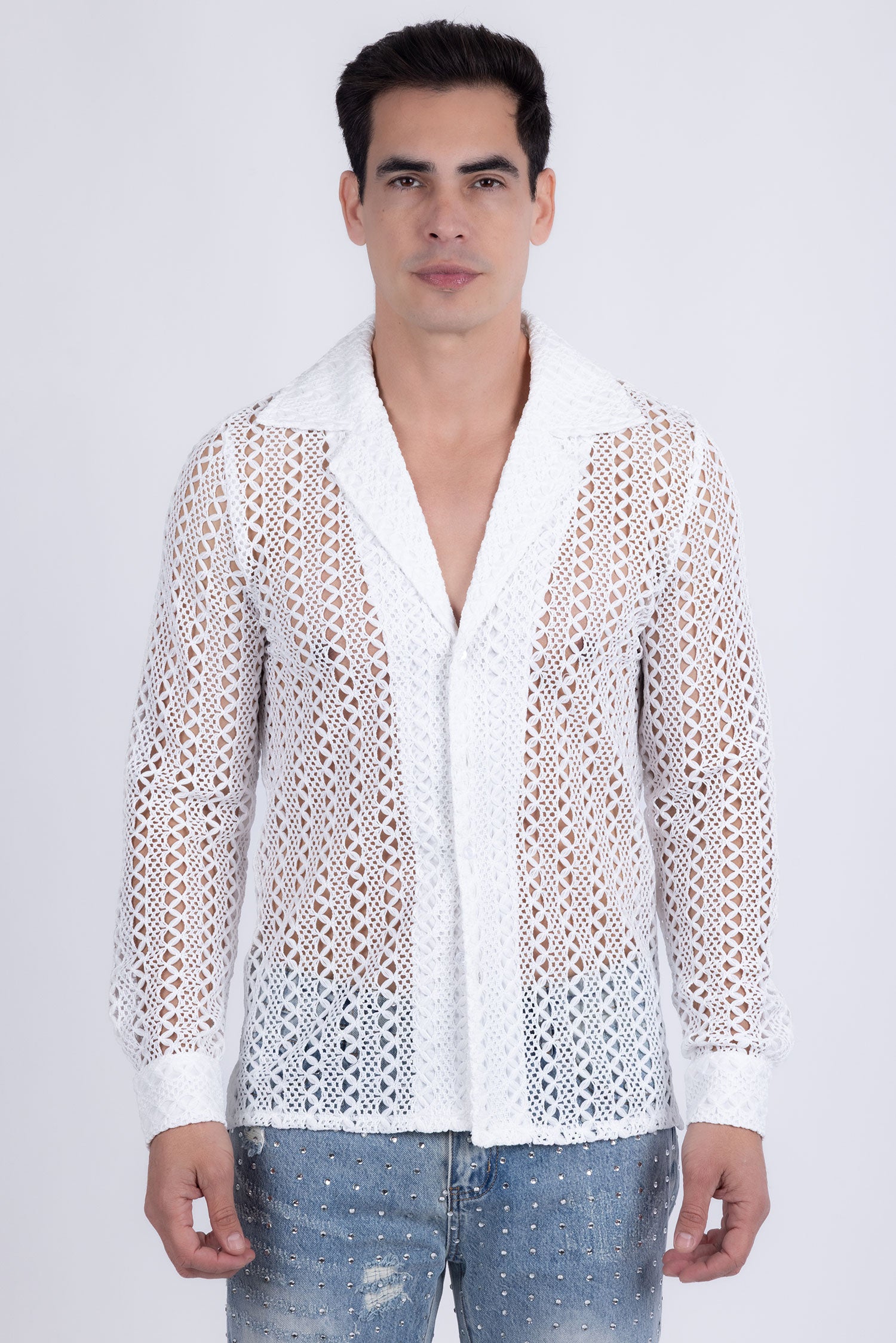 Barabas Men's See Through Knitted Breathable Long Sleeve Shirt 6KNB01 Snow White