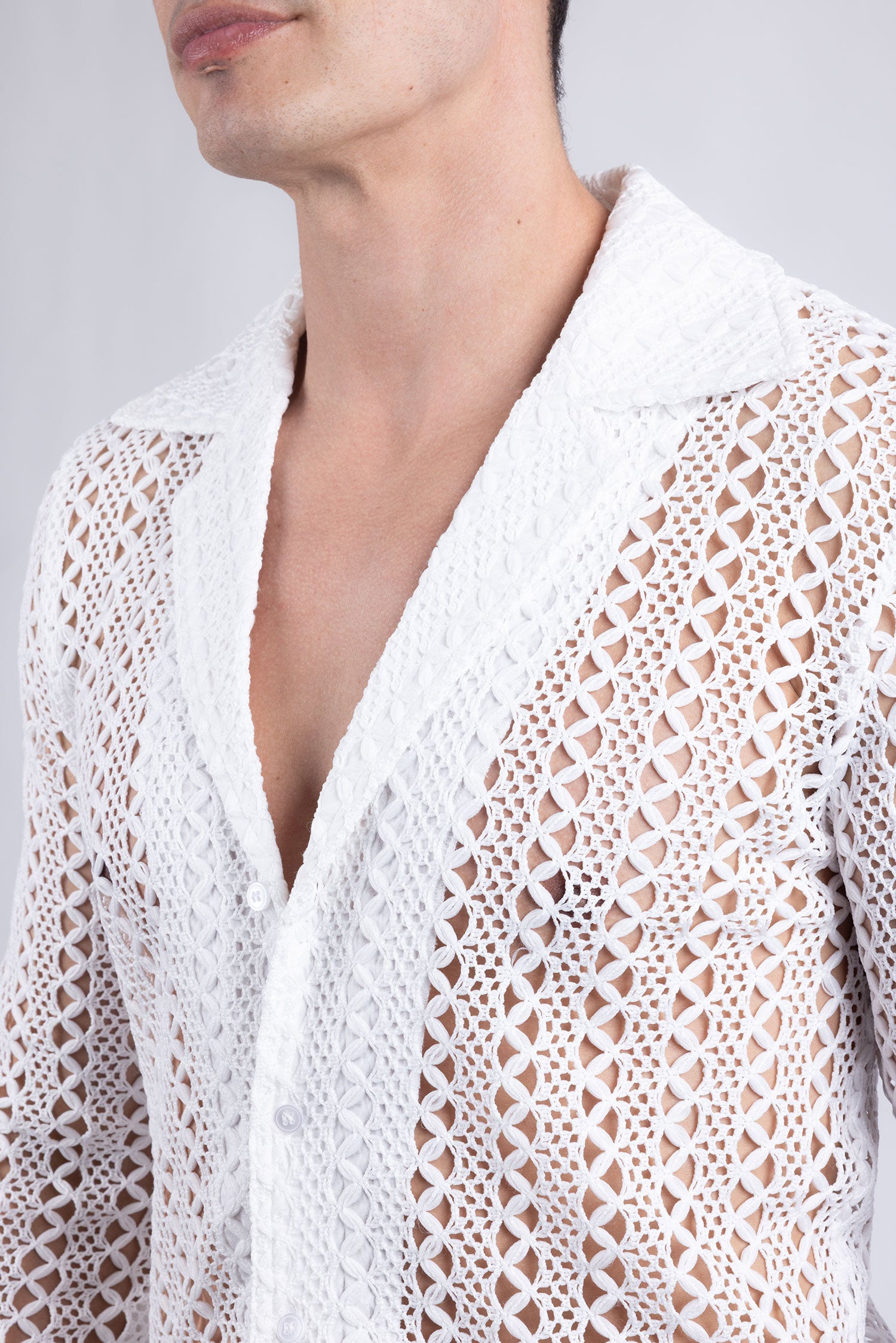 Barabas Men's See Through Knitted Breathable Long Sleeve Shirt 6KNB01 White