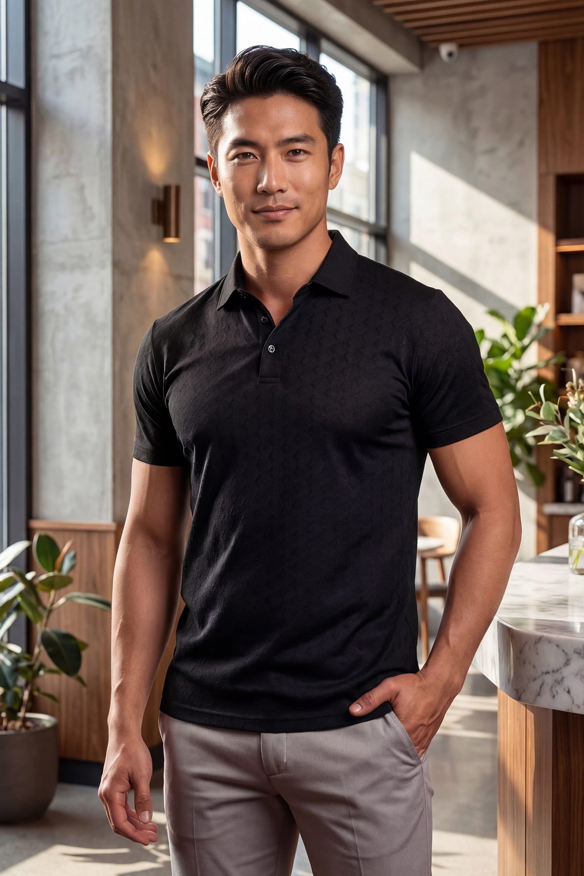 Barabas Men's Solid Color Geometric Stretch Polo Shirts 6P04 #Color_Black Beauty