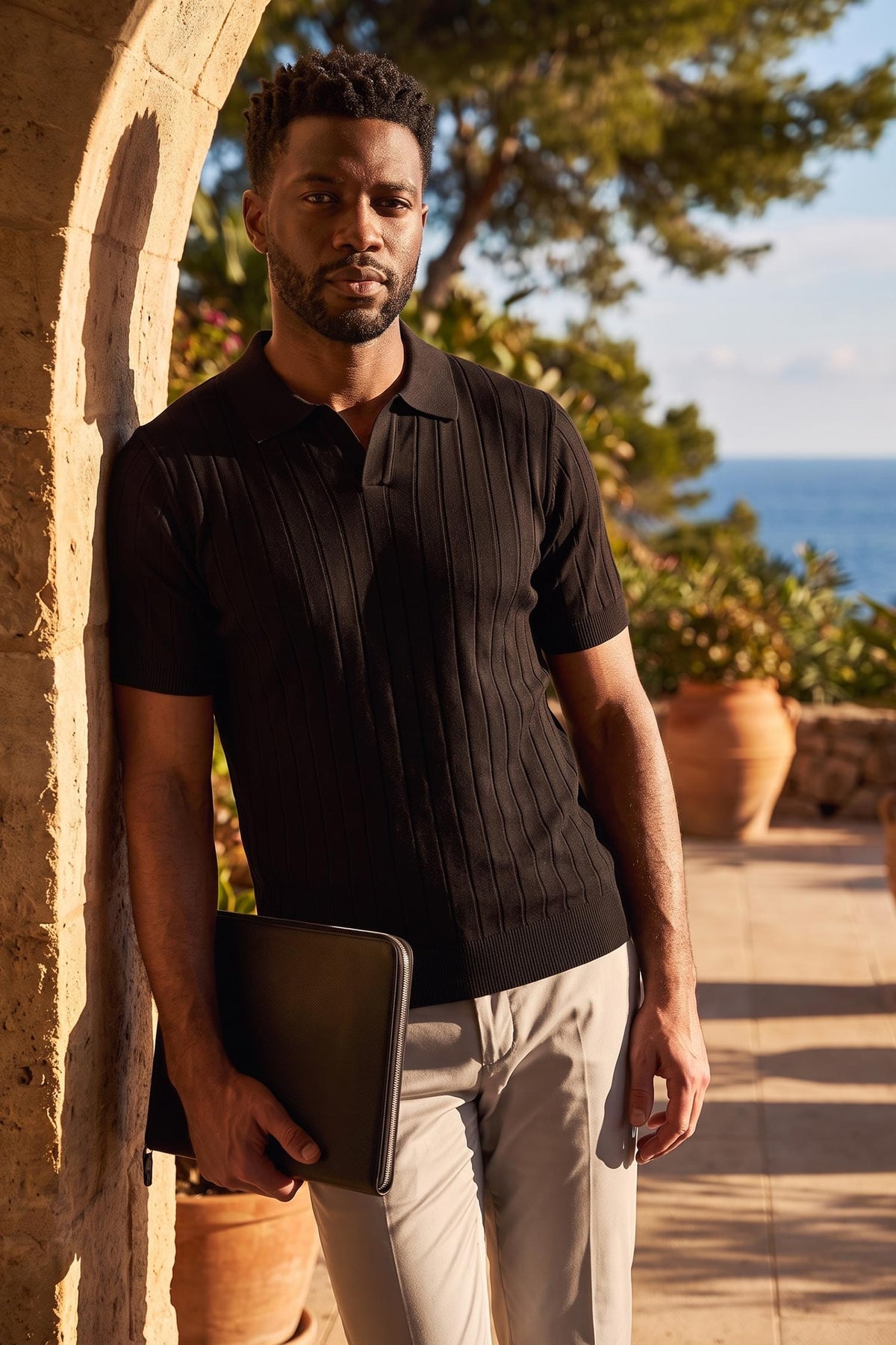 Barabas Men's Geometric Stretch Ribbed Cuff and Hem Polo Shirt #Color_Black Beauty