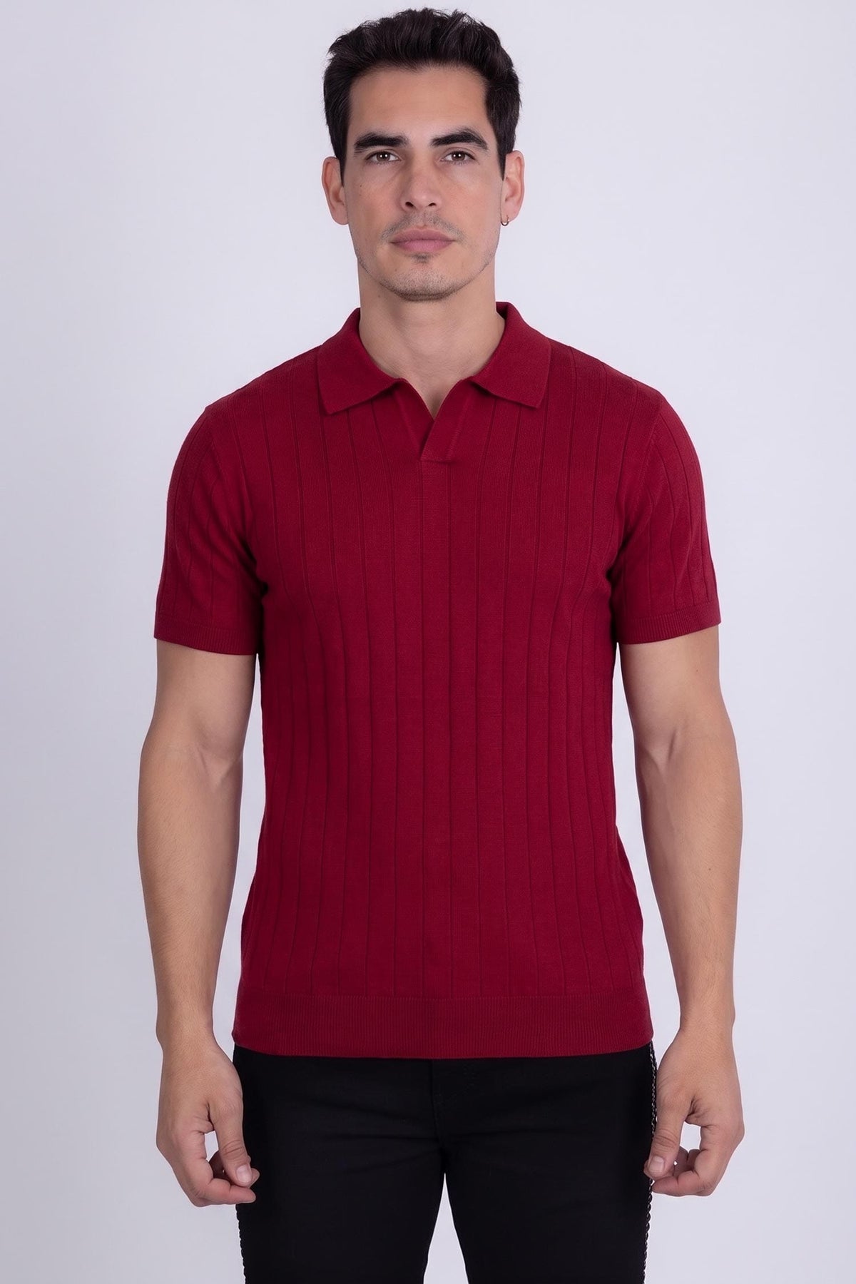 Barabas Men's Geometric Stretch Ribbed Cuff and Hem Polo Shirt #Color_Cabernet