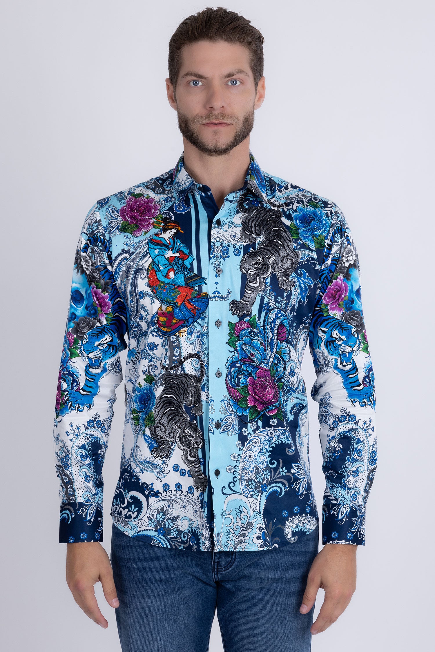 BARABAS® Men's Designer Rhinestone Long Sleeve Shirt Shirts 6SPR02 Blue