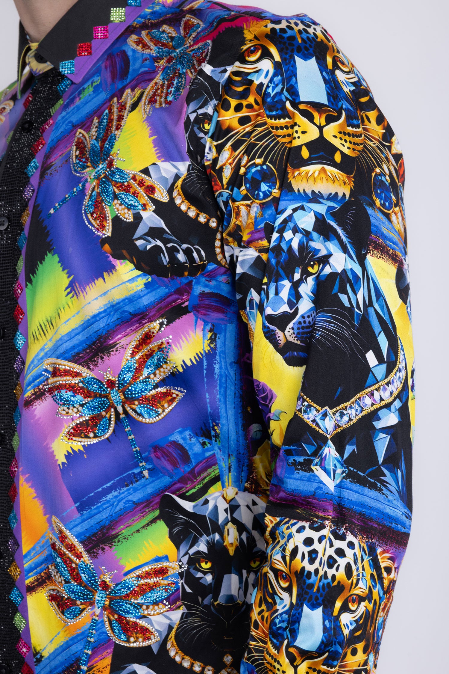 Barabas Men's Panther Tiger Rhinestones Long Sleeve Shirts 6SPR03 Navy