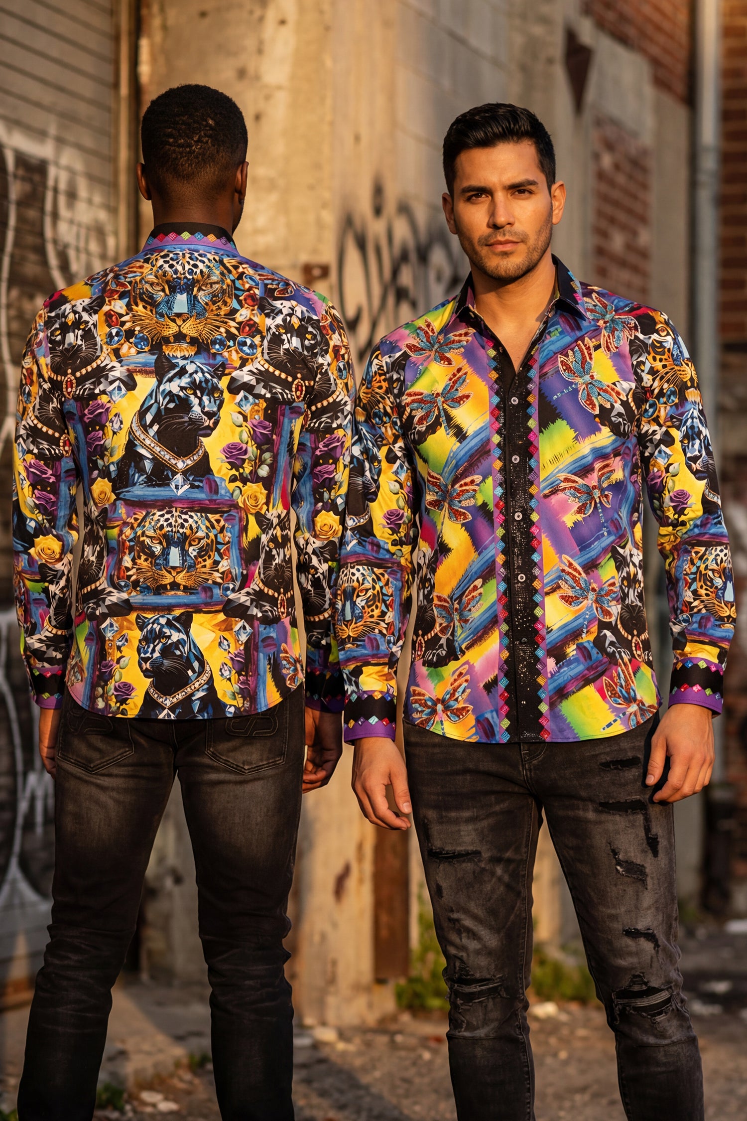 Barabas Men's Panther Tiger Rhinestones Long Sleeve Shirts 6SPR03 Multi