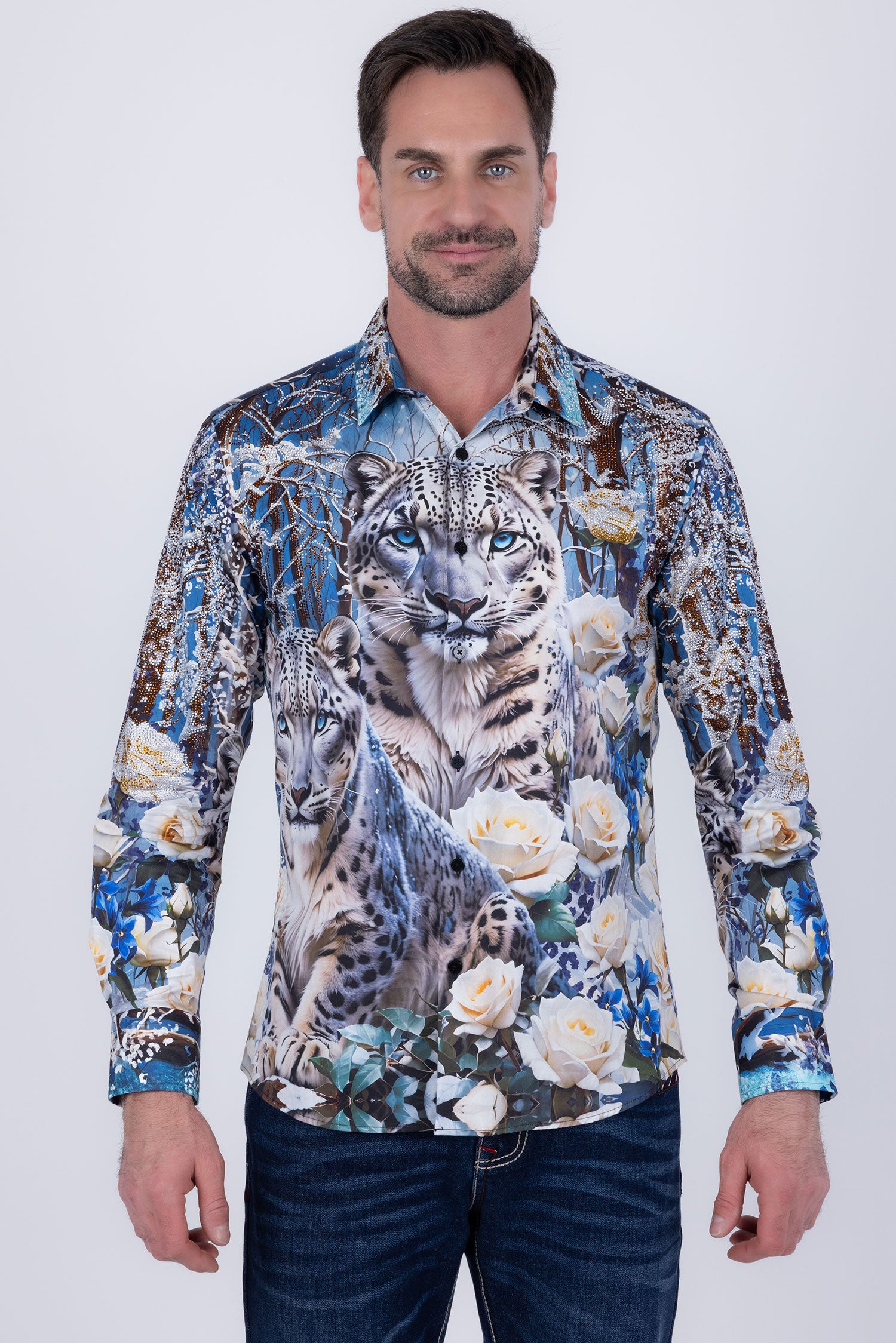 Barabas Men's Rhinestones Tiger Floral Long Sleeve Shirt 6SPR04 Blue Coral
