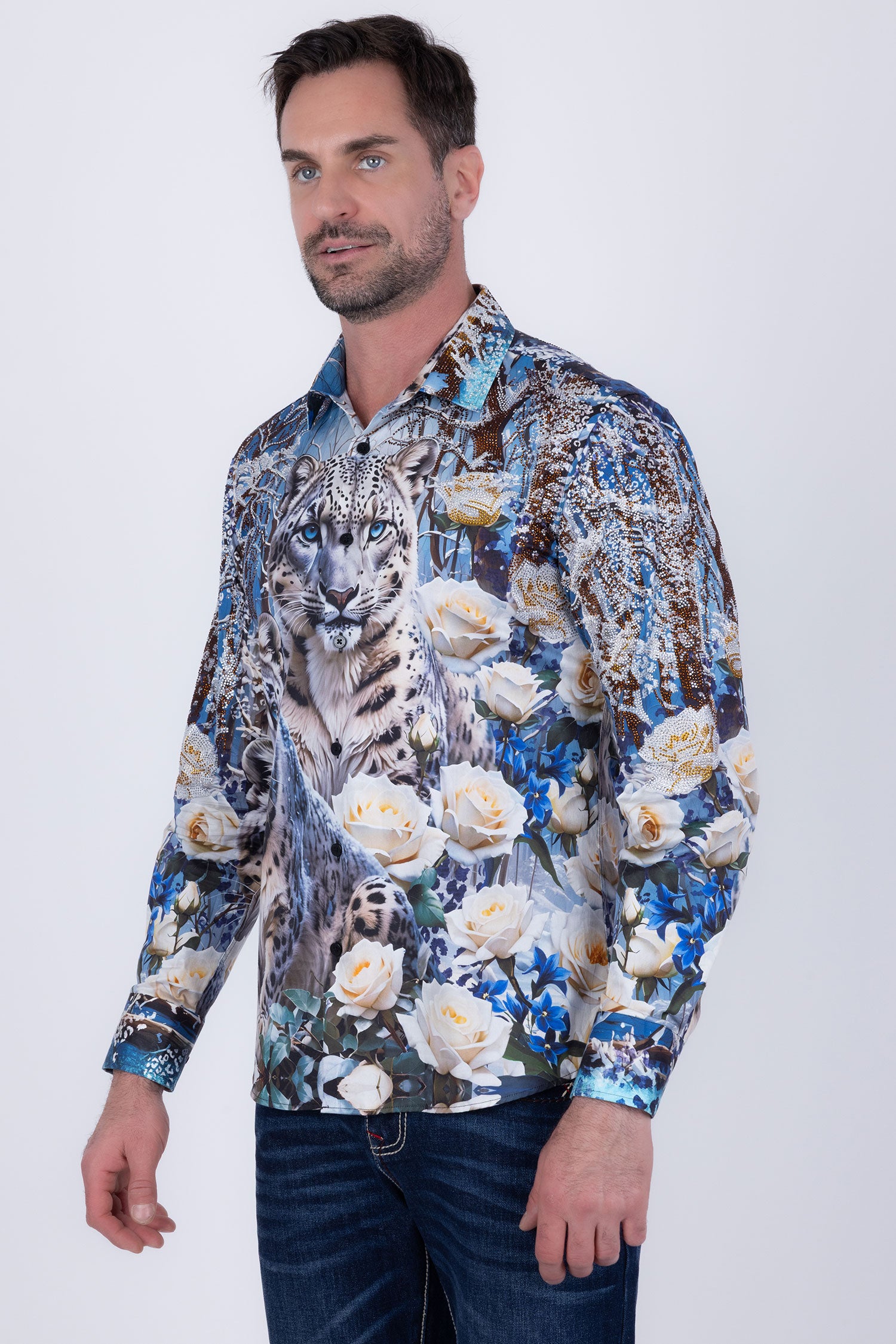Barabas Men's Rhinestones Tiger Floral Long Sleeve Shirt 6SPR04 Ocean
