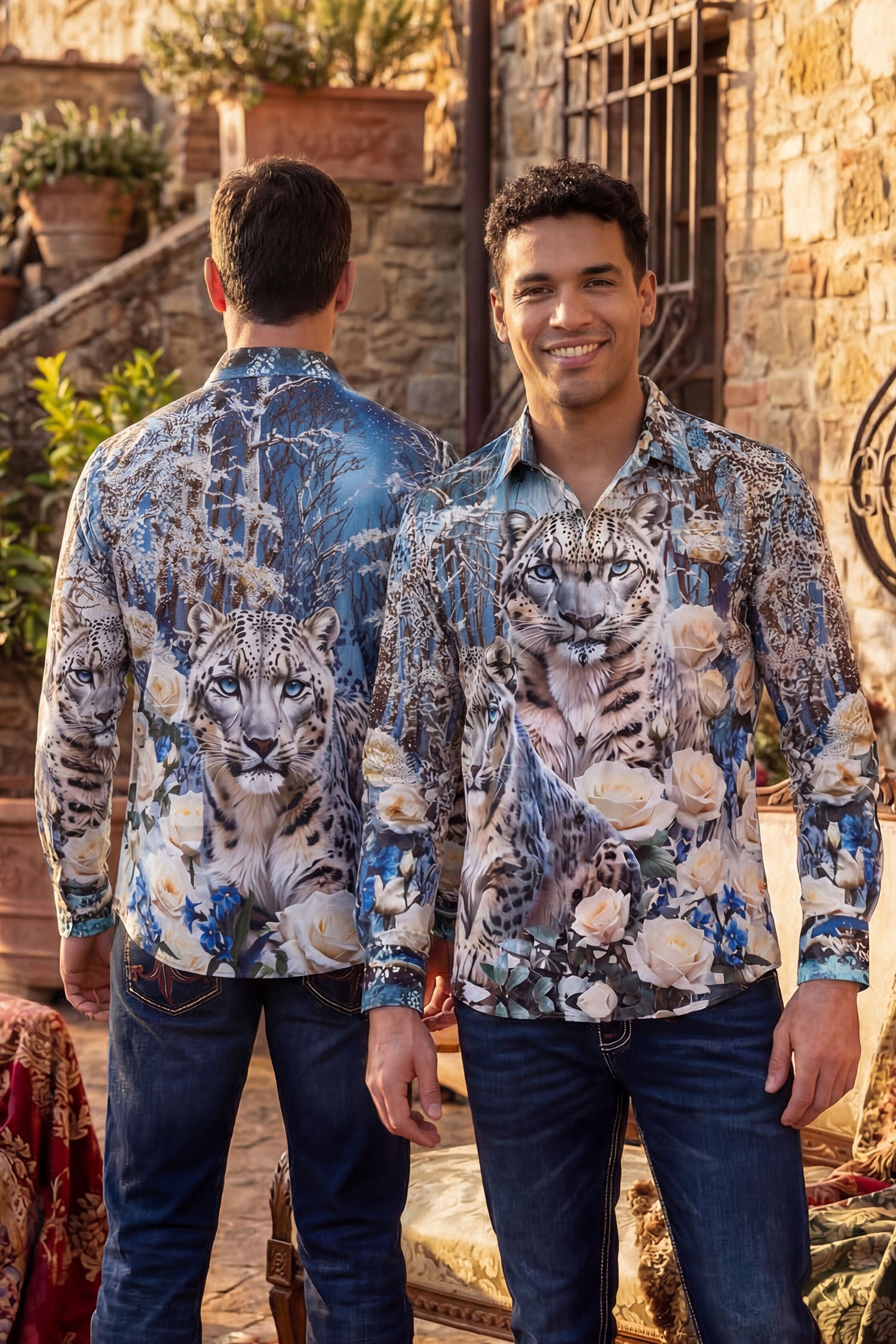 Barabas Men's Rhinestones Tiger Floral Long Sleeve Shirt 6SPR04 Blue Coral