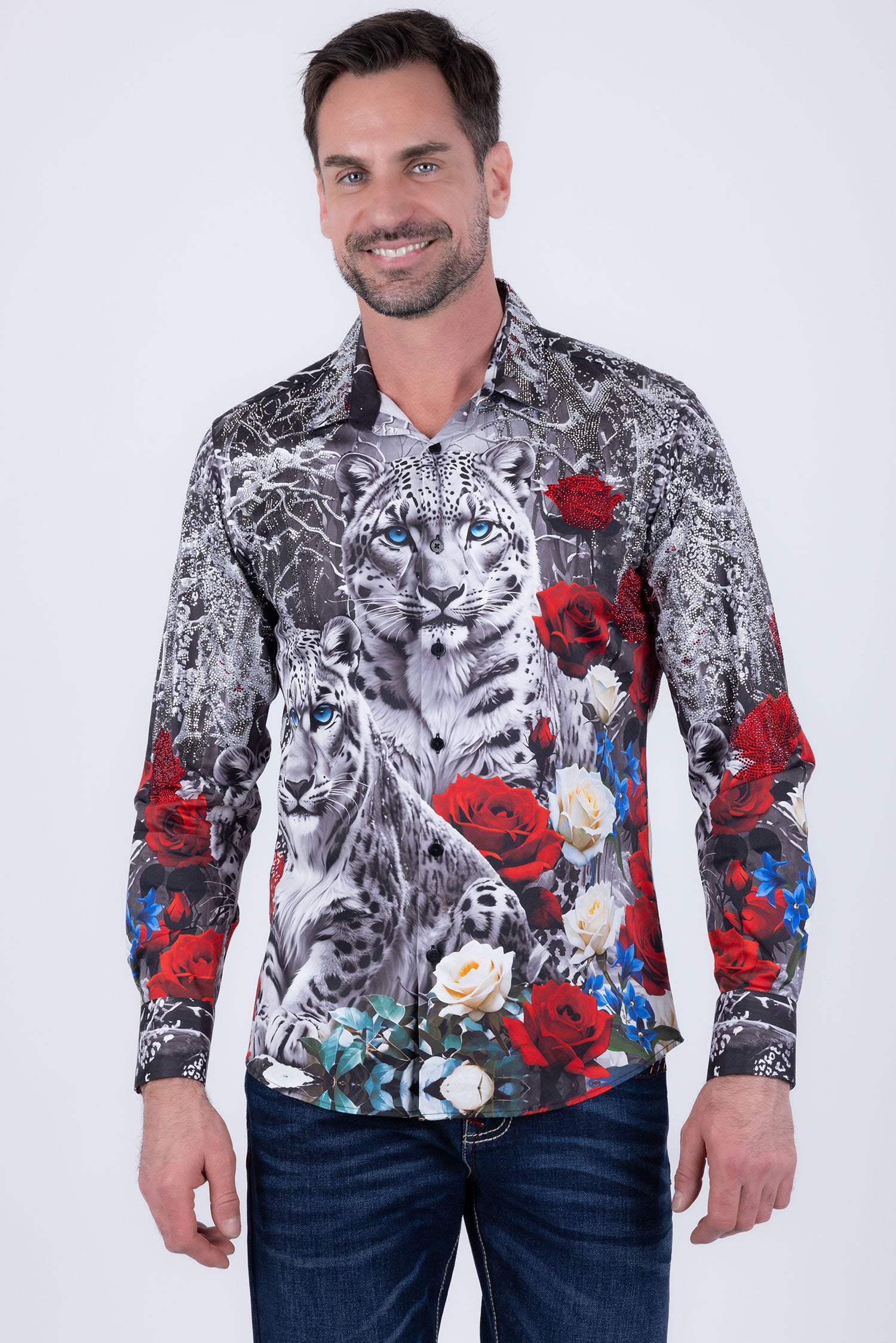 Barabas Men's Rhinestones Tiger Floral Long Sleeve Shirt 6SPR04 Red
