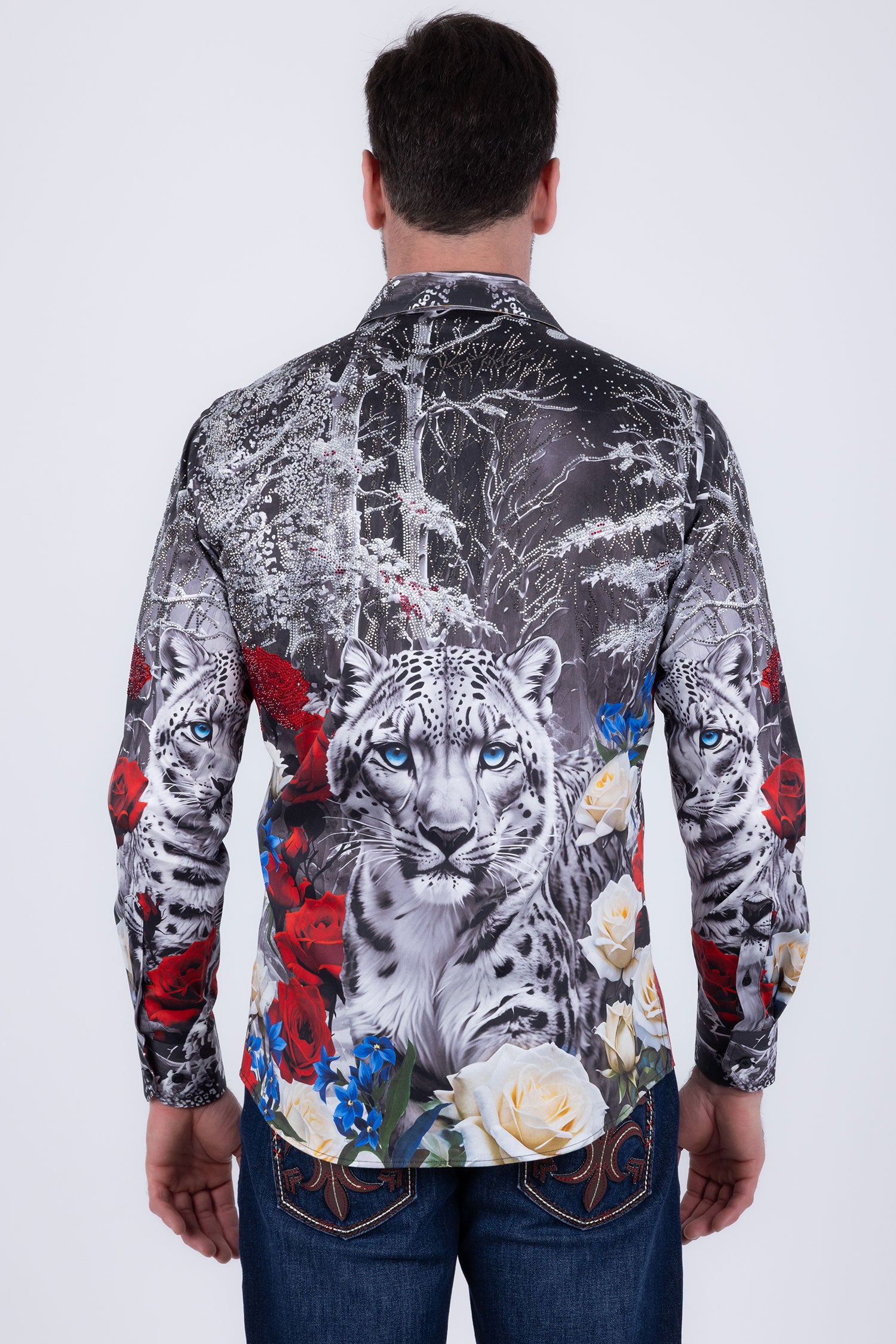 Barabas Men's Rhinestones Tiger Floral Long Sleeve Shirt 6SPR04 Burgundy