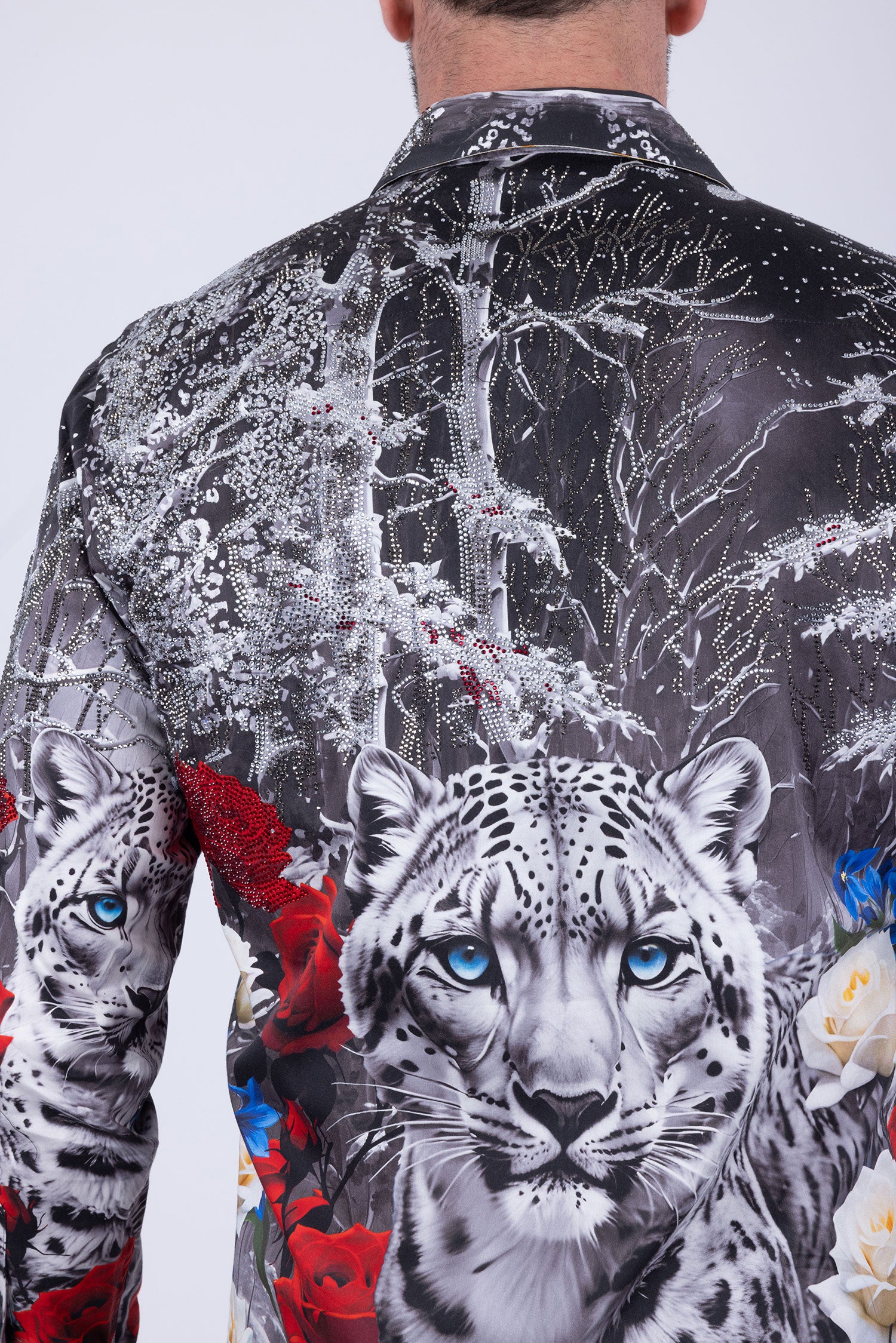 Barabas Men's Rhinestones Tiger Floral Long Sleeve Shirt 6SPR04 Rust