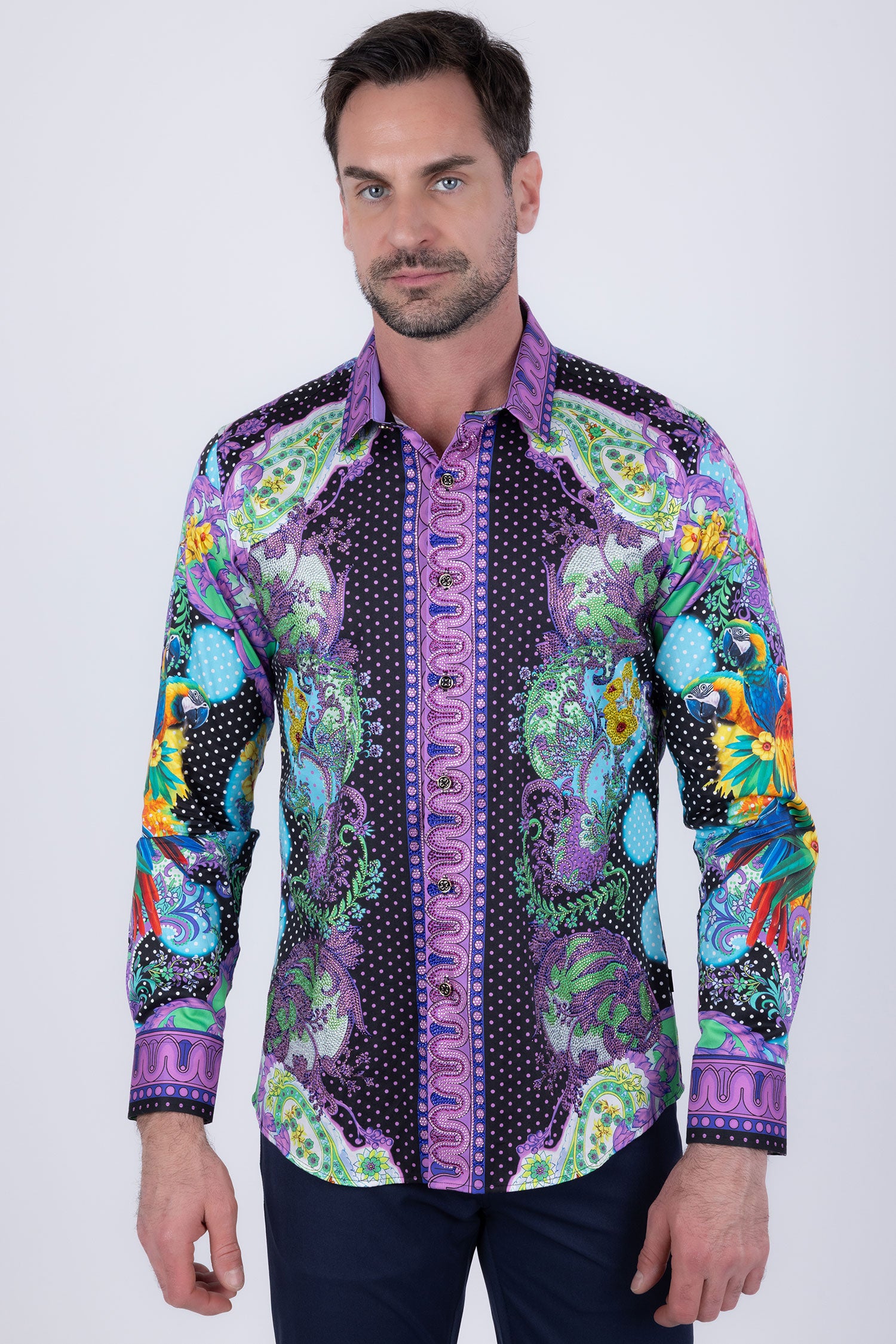 Barabas Men's Rhinestones Floral Parrot Baroque Shirt 6SPR05 Lavender