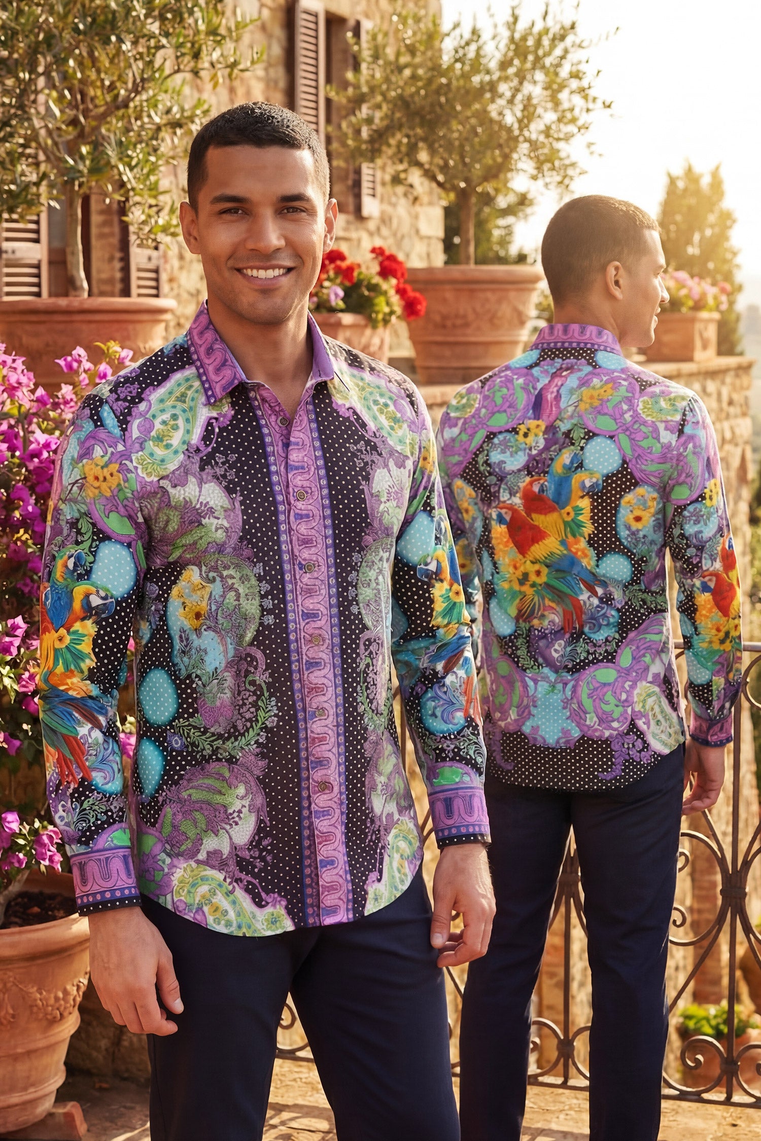 Barabas Men's Rhinestones Floral Parrot Baroque Shirt 6SPR05 Baby Lavender