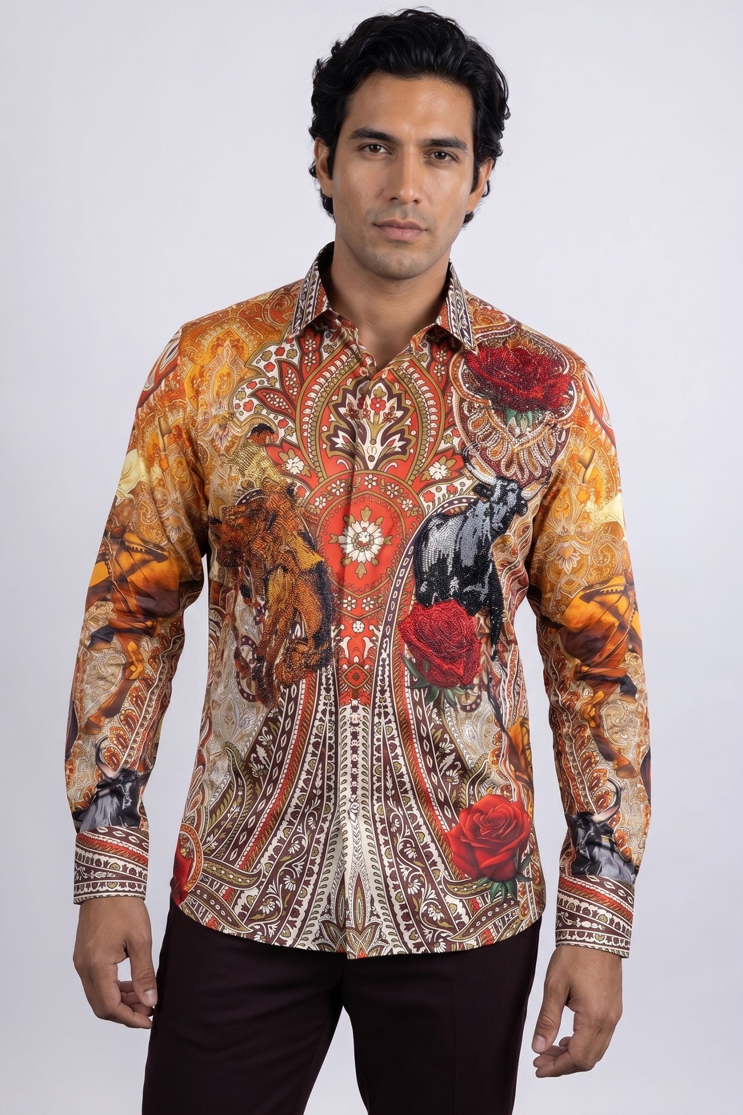Barabas Men's Western Floral Rose Pattern Long Sleeve Shirts 6SPR06 Multicolor