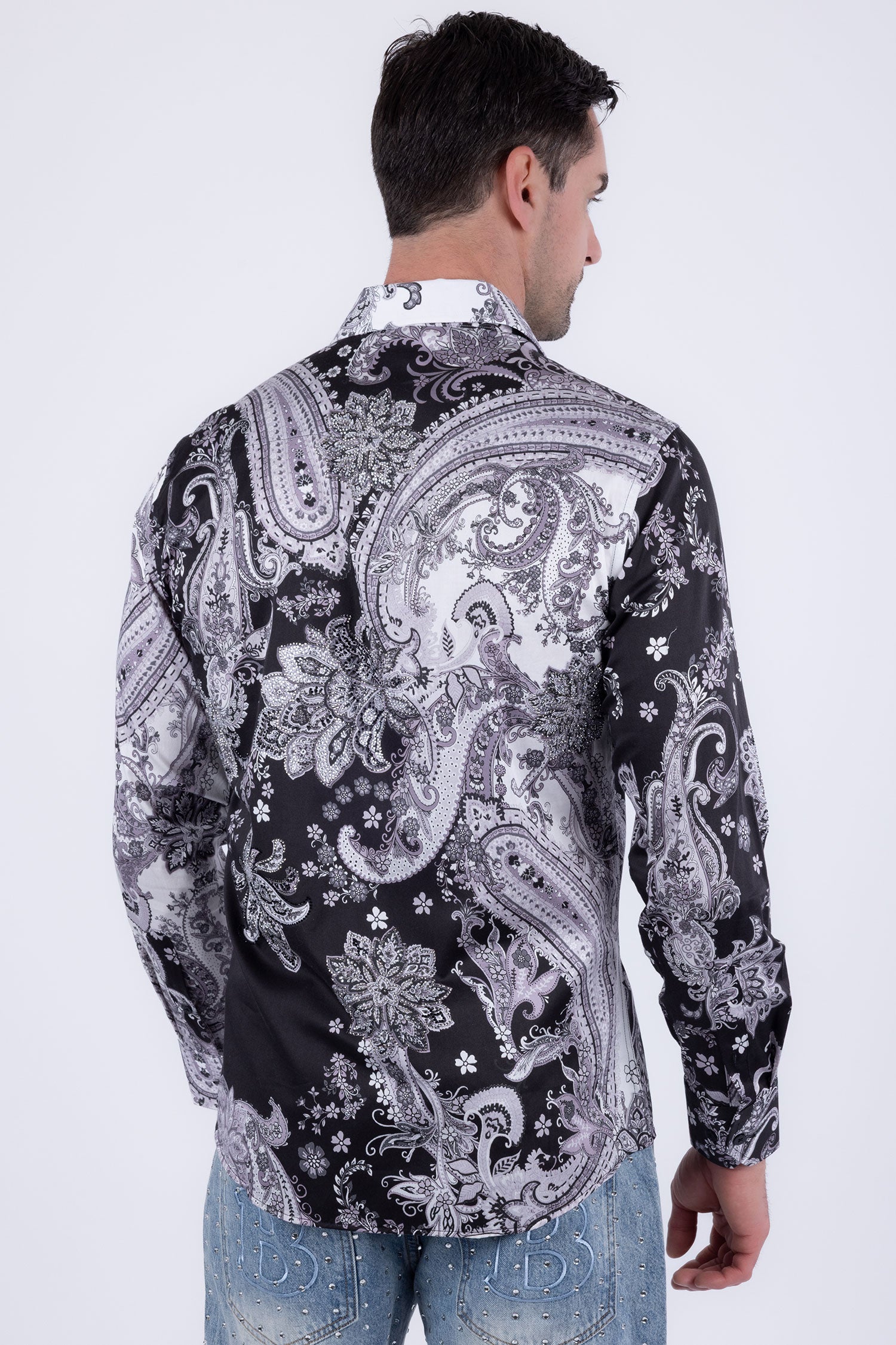 Men's Rhinestone Paisley Floral Print Shirt | BARABAS 6SPR07 Grey